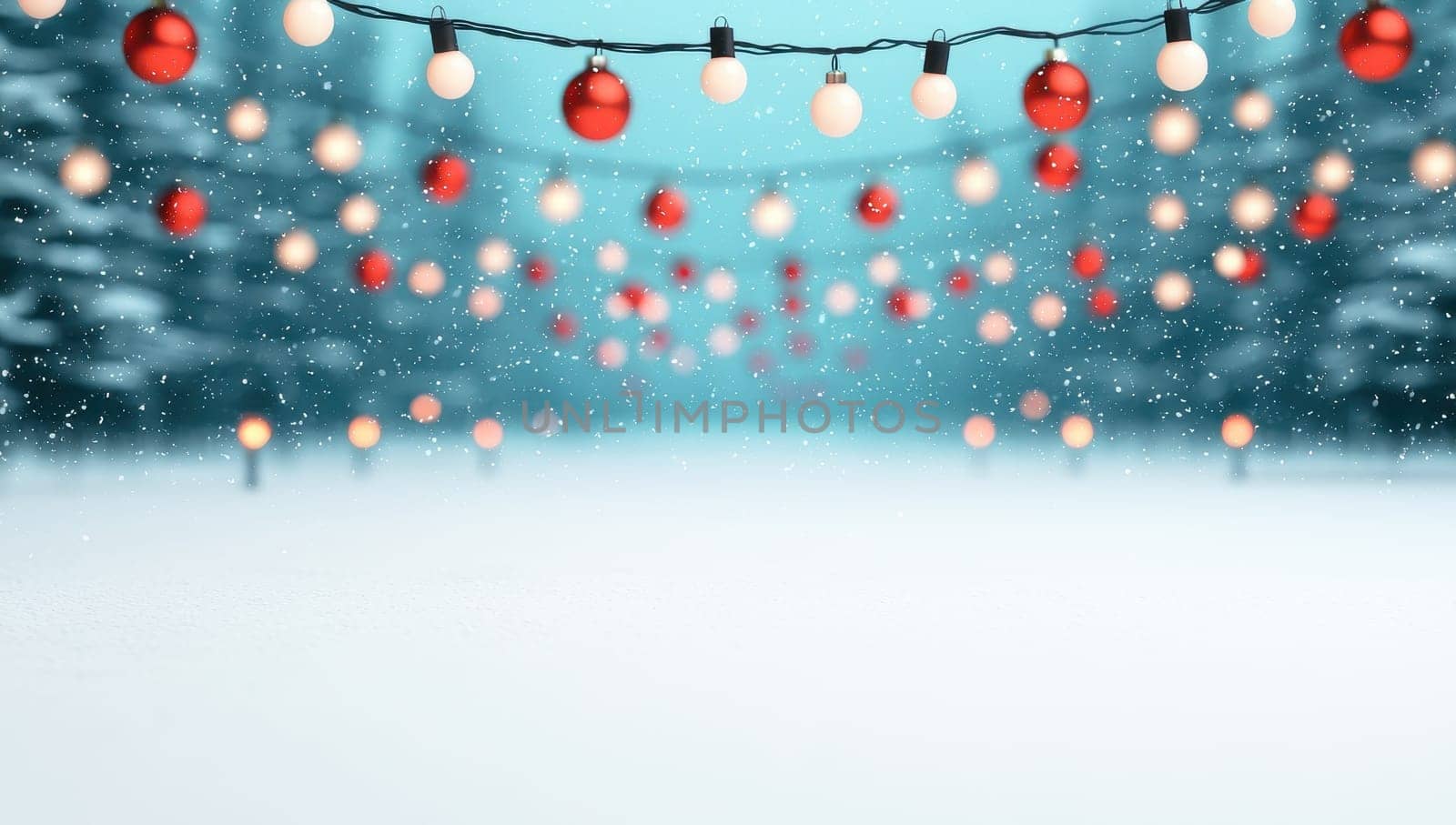 Christmas background with snow covered fir trees, string lights with red and white ornaments and falling snow. Festive winter holiday backdrop.