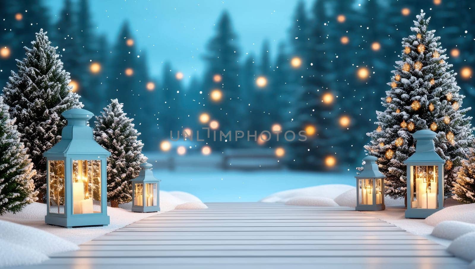 Magical Christmas night scene with lanterns and snowy fir trees in background. Festive winter wonderland with glowing lights and falling snow.