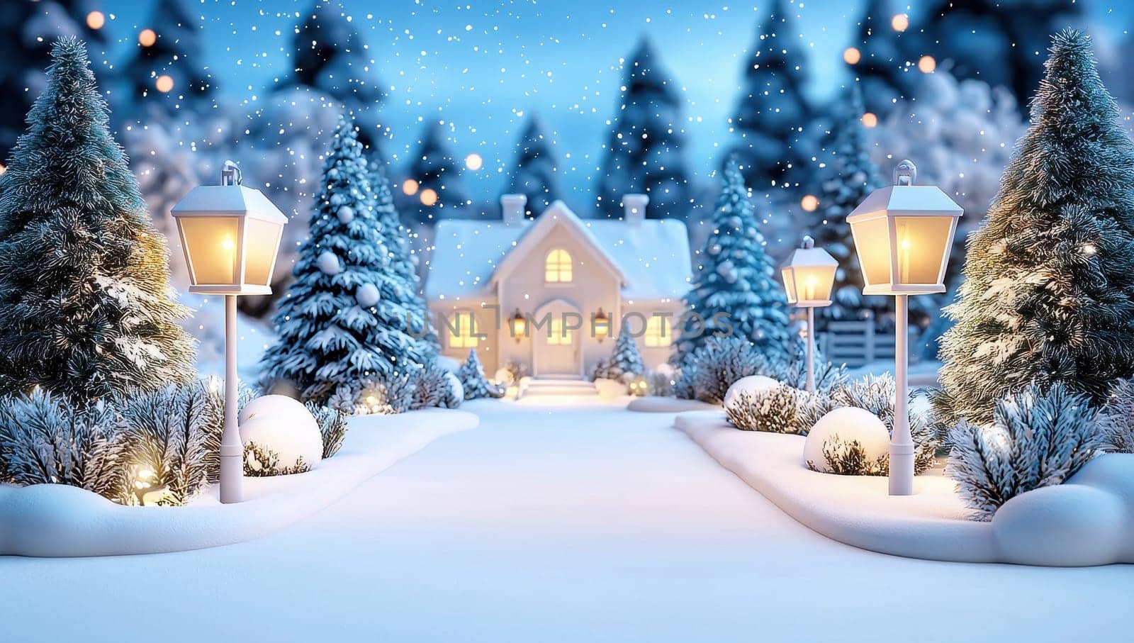 Idyllic snow covered house with Christmas lights at night. 3D illustration.