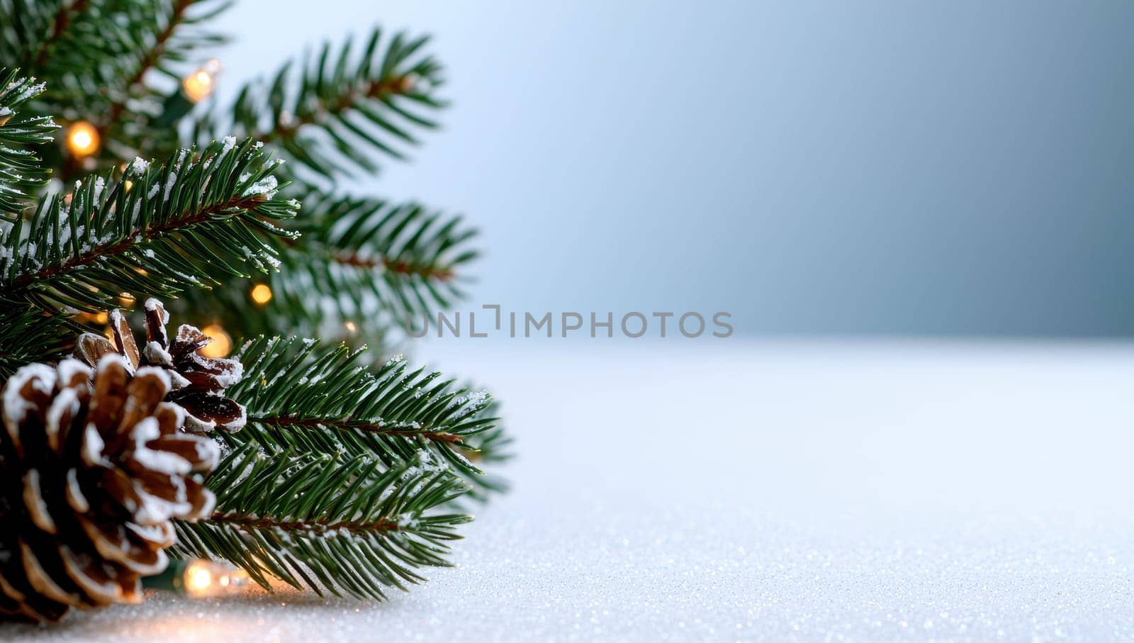 Christmas background with fir branches, pine cone and lights on snow with copy space