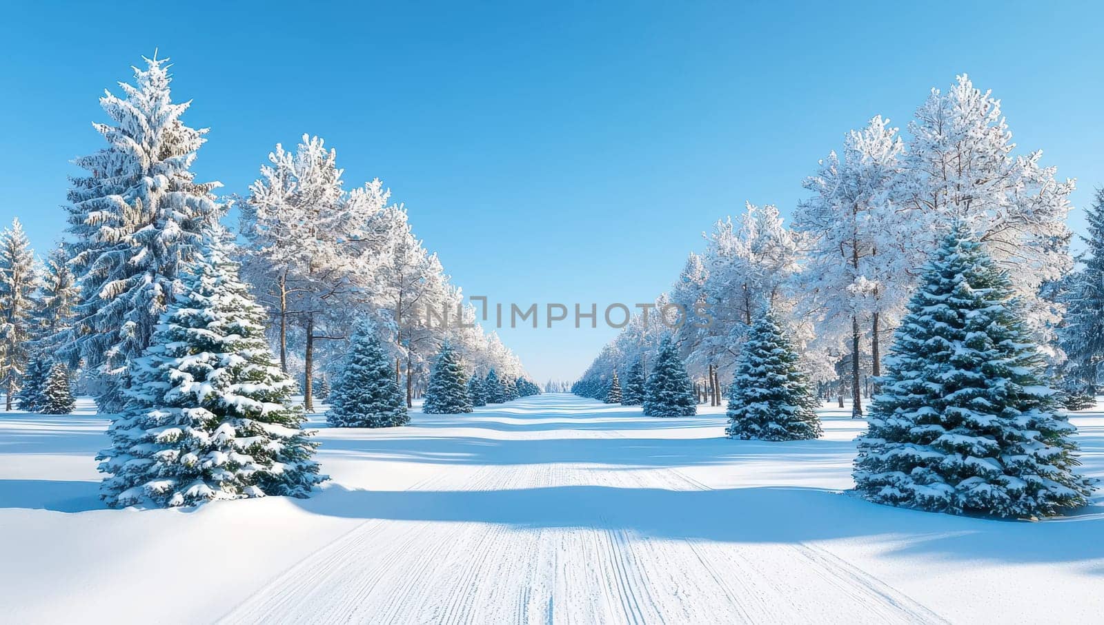 Snowy road through a winter forest covered in snow on a sunny day.