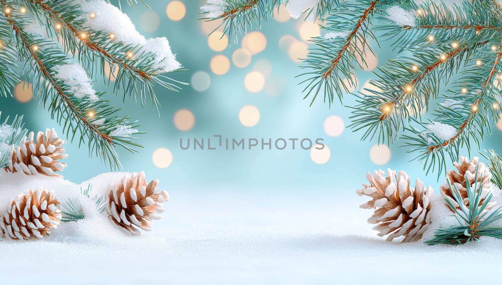 Christmas background with snow covered fir branches and pine cones on blue bokeh background