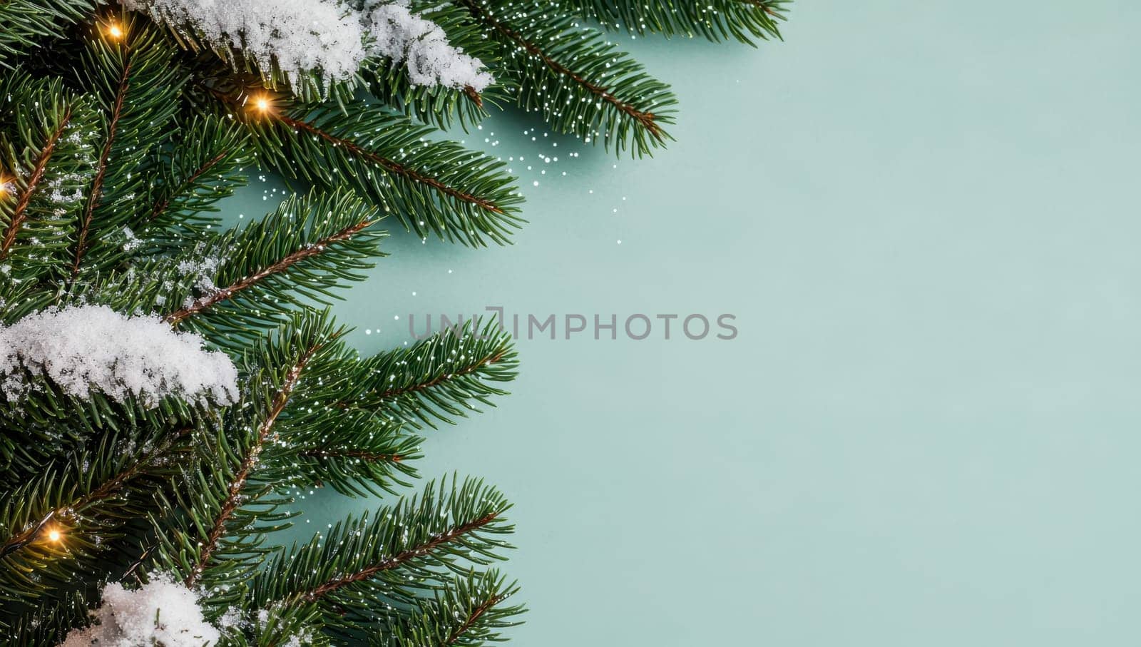 Christmas background with fir branches, snow and lights on a pastel blue background with copy space.