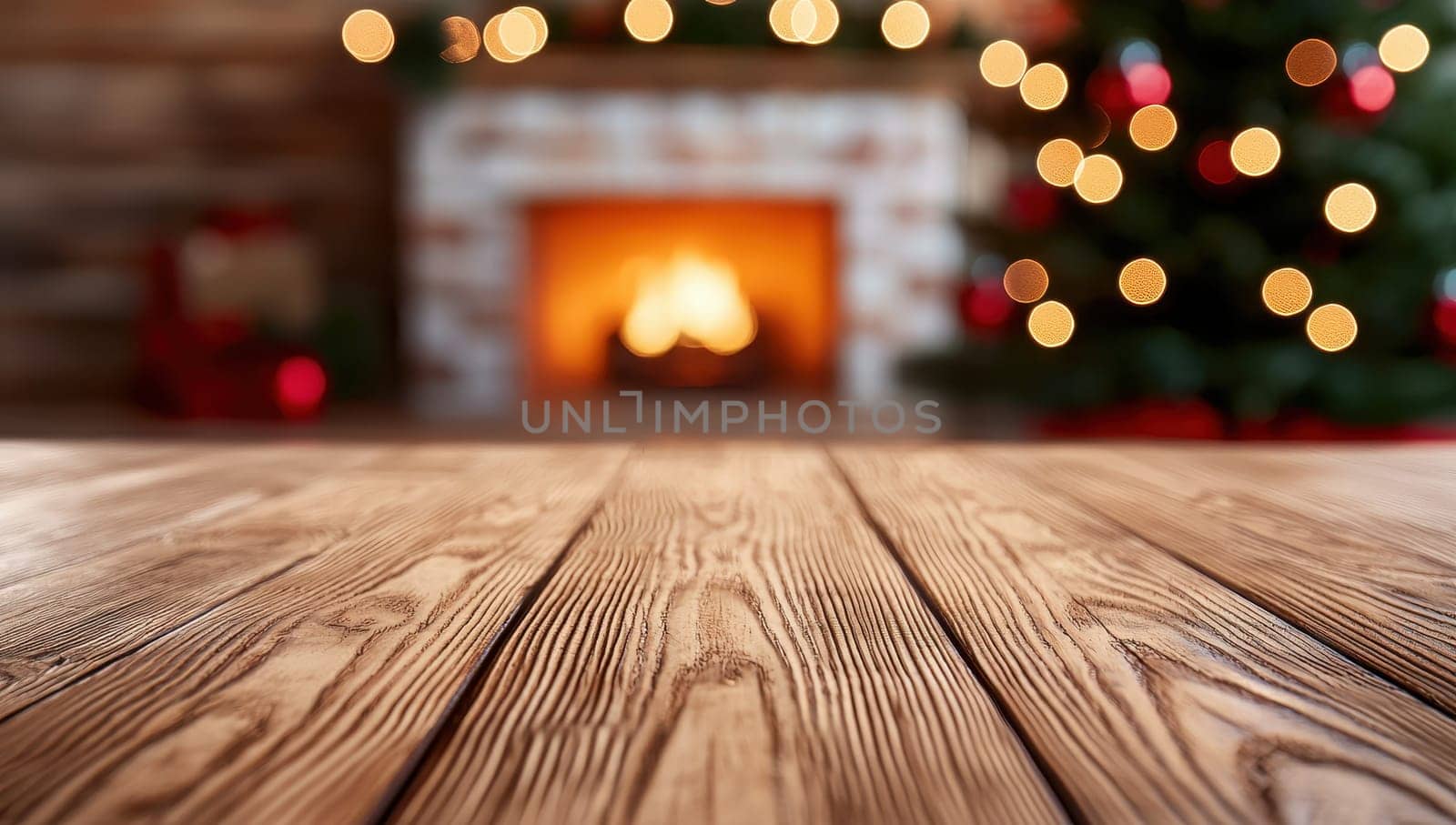 Empty wooden table in front of fireplace and Christmas tree with blurred lights. Festive background with space for product or text.