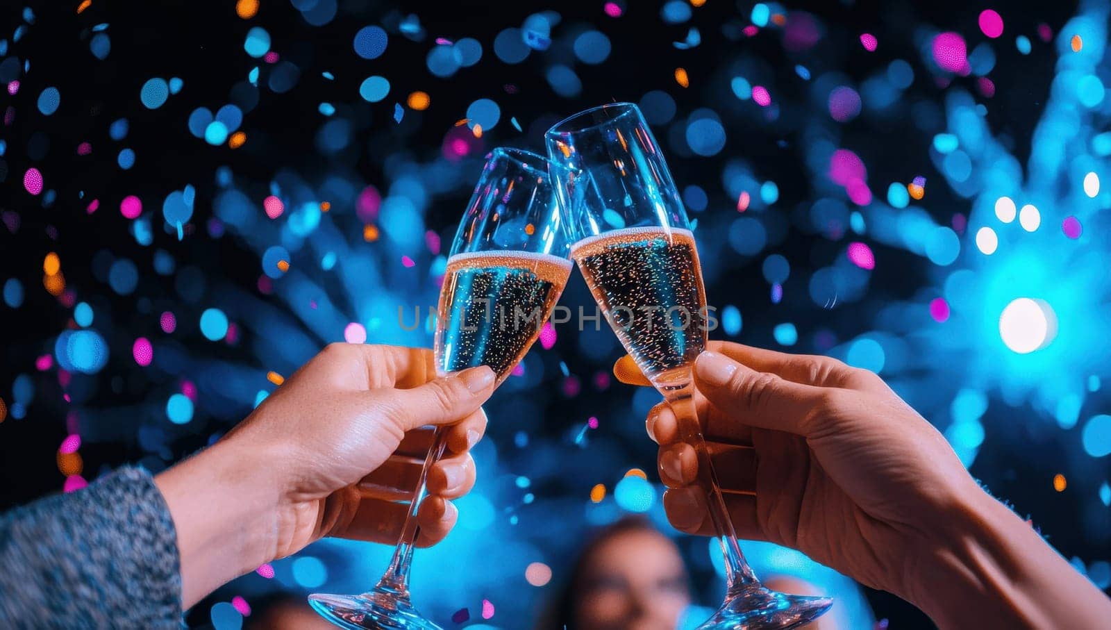 Celebrating with champagne glasses against a festive background with confetti and fireworks. New Year's Eve, party, celebration concept.