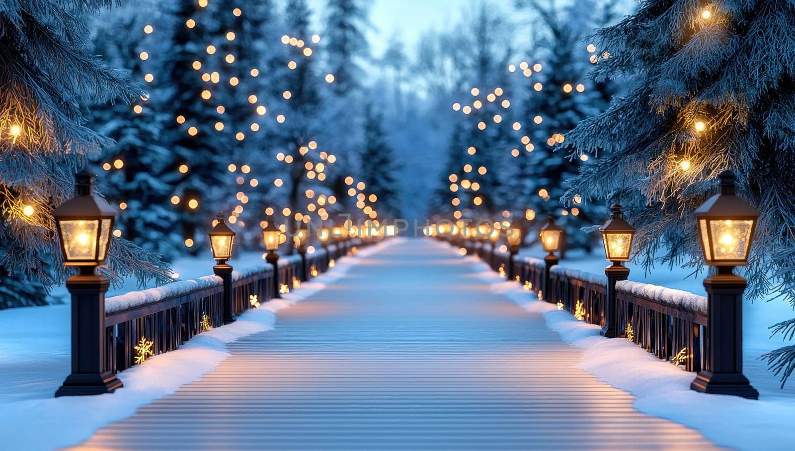 Snowy path lit by streetlights and surrounded by snow covered trees decorated with Christmas lights