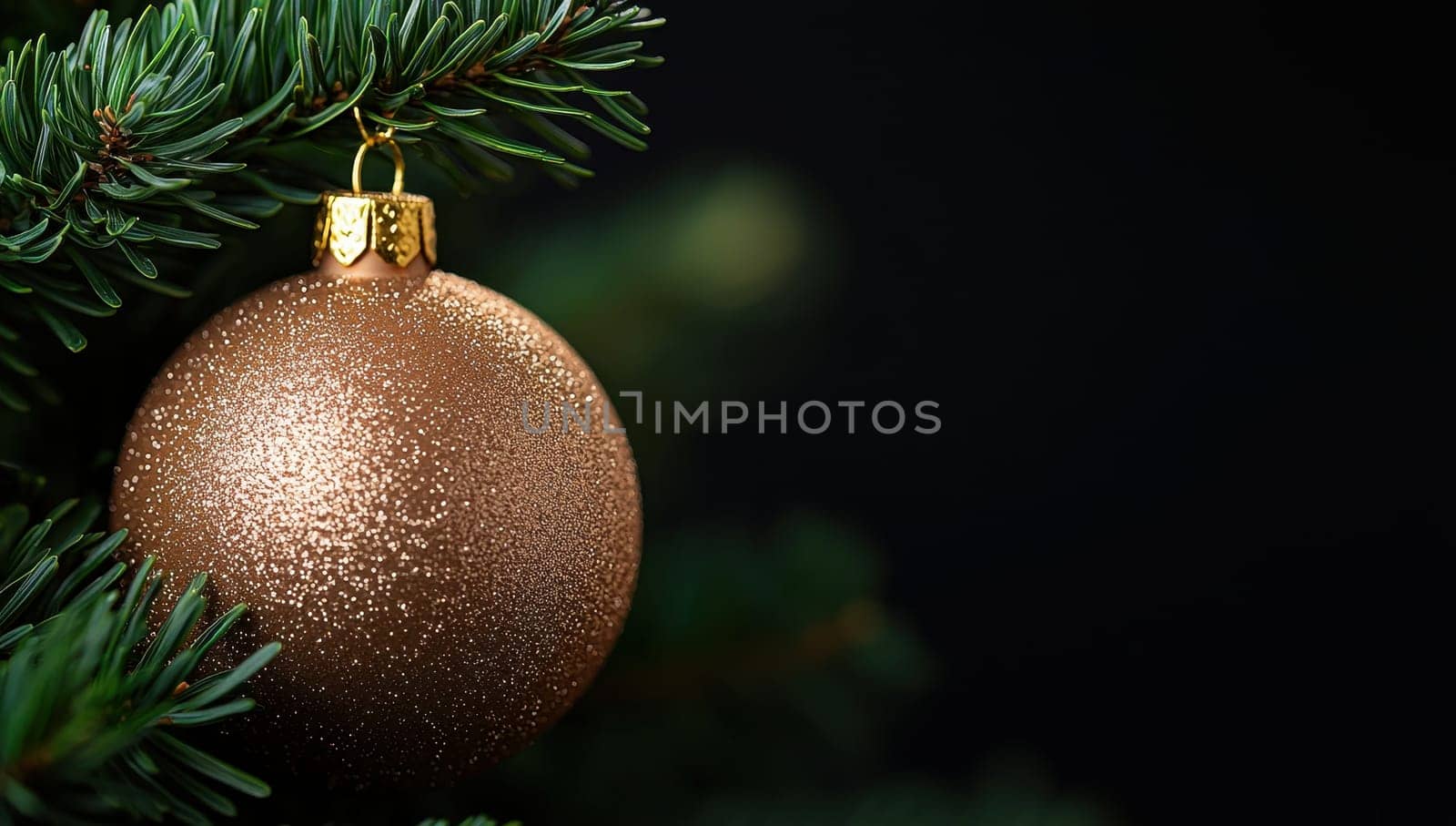 Close up of a sparkling bronze Christmas bauble hanging on a Christmas tree against a dark background.