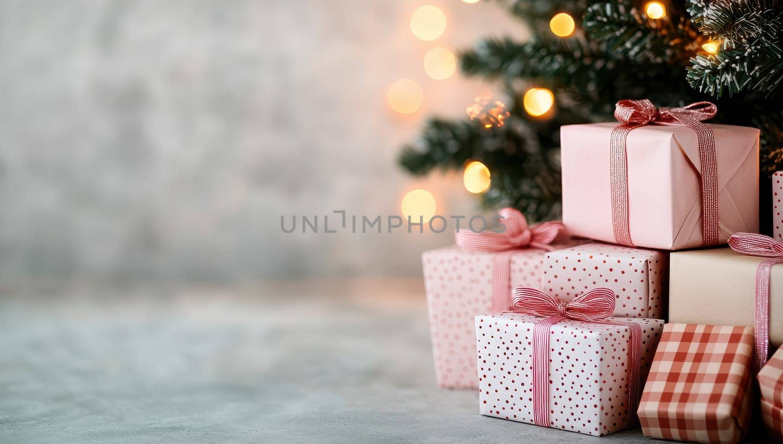 Christmas gift boxes wrapped in pink and beige paper under a decorated Christmas tree with lights. Festive holiday background with copy space.