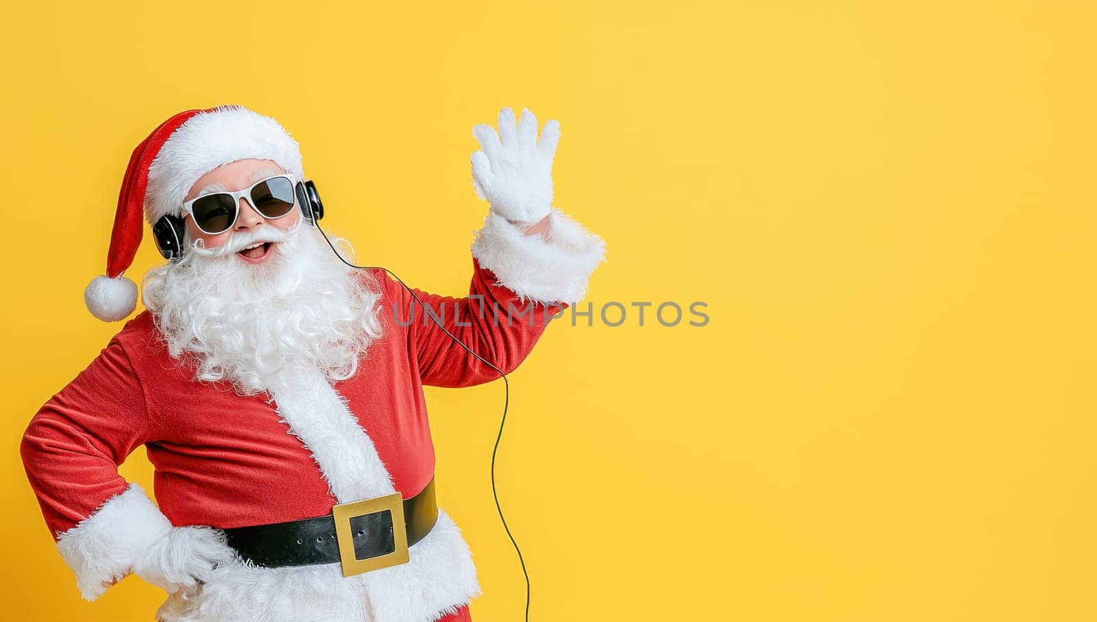 Cool Santa Claus wearing headphones listening to Christmas music and dancing on yellow background