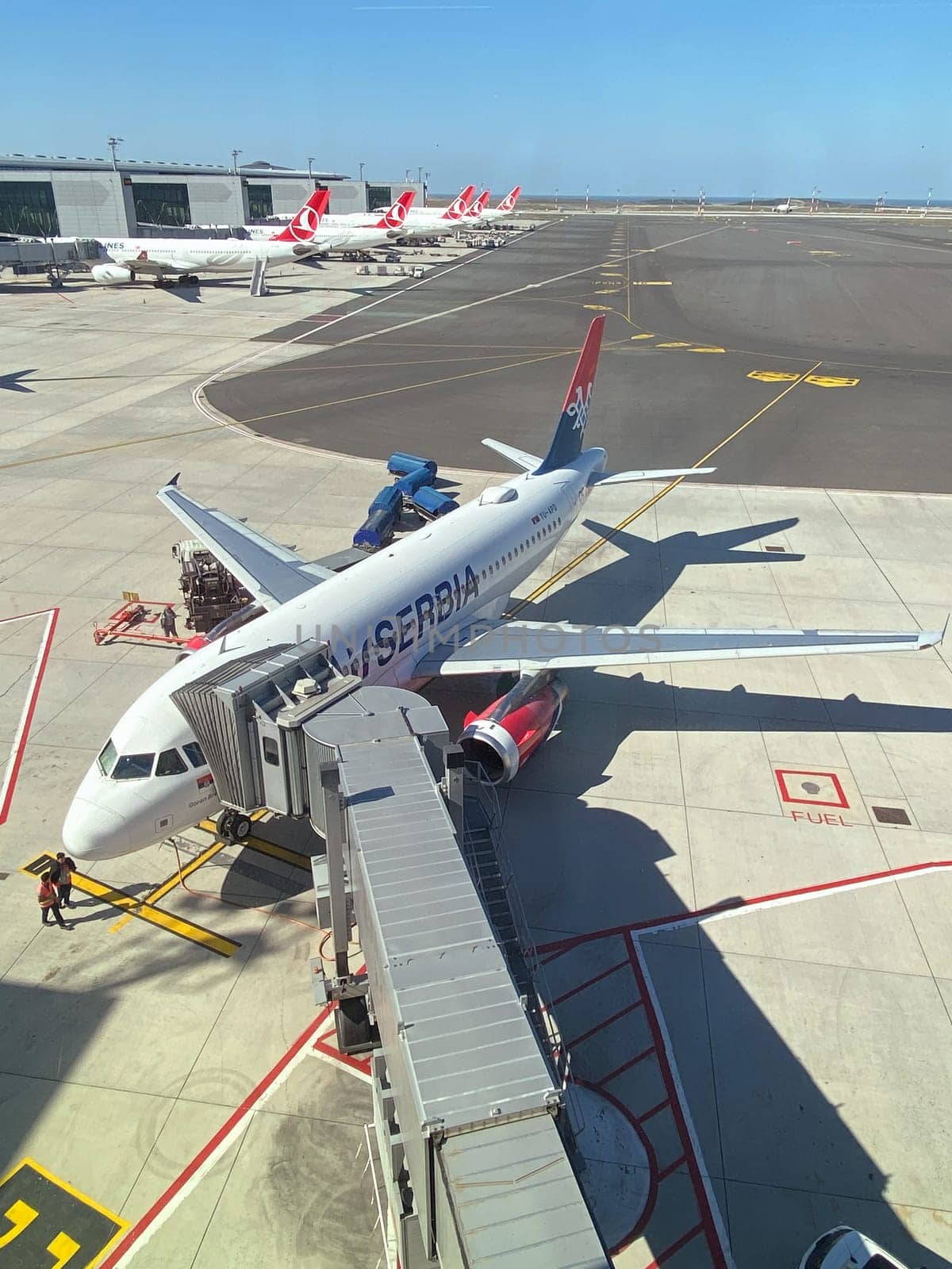 25 August 2023, Belgrade, Serbia: An Air Serbia plane preparing for departure from Belgrade airport.