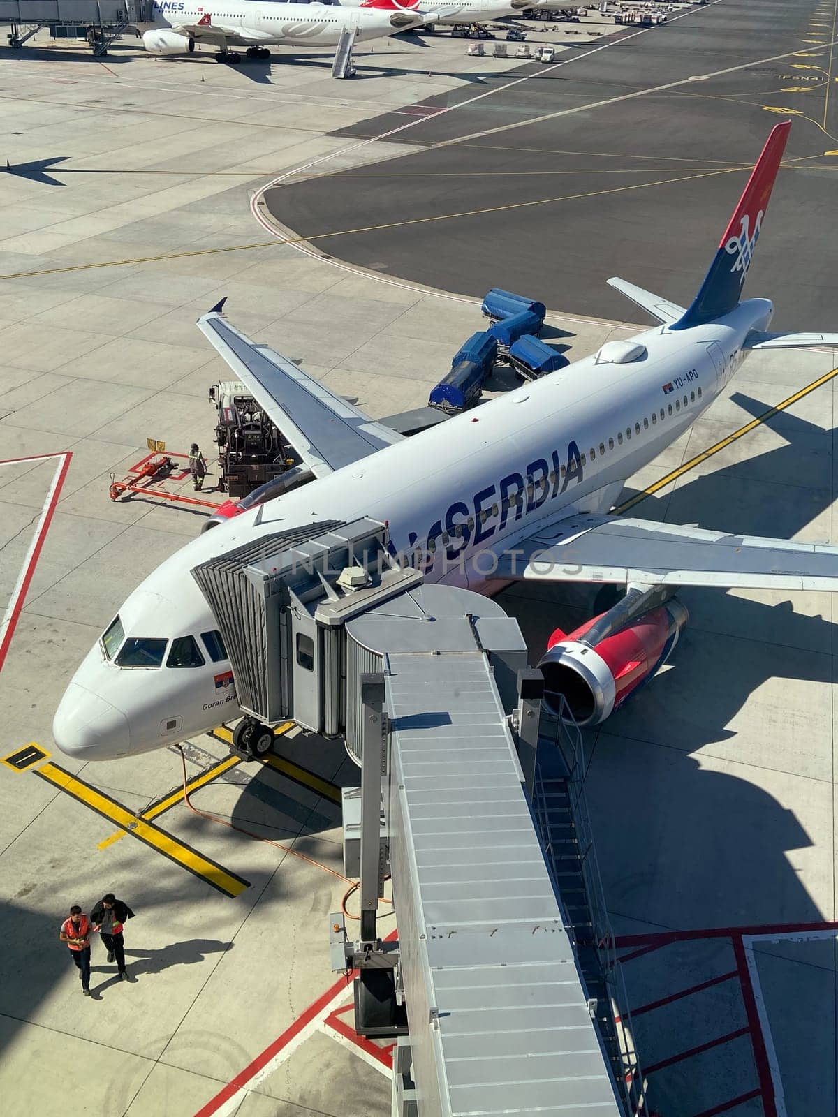 25 August 2023, Belgrade, Serbia: An Air Serbia plane preparing for departure from Belgrade airport.