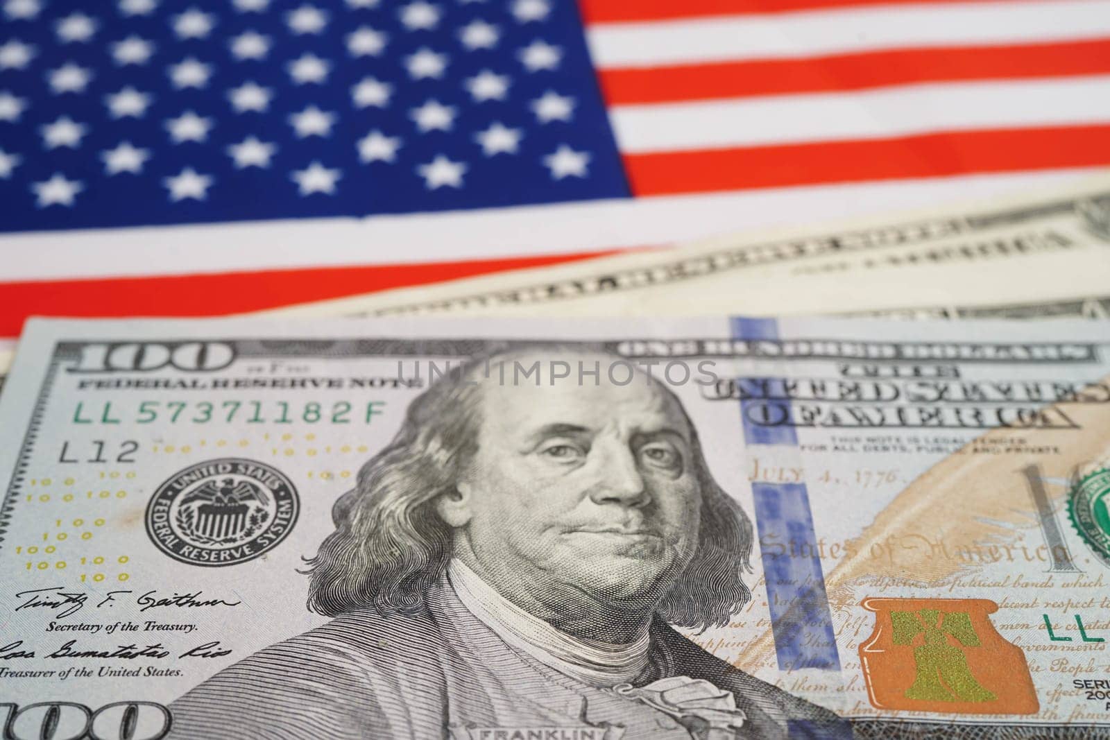 US America flag with dollar banknote, finance banking.