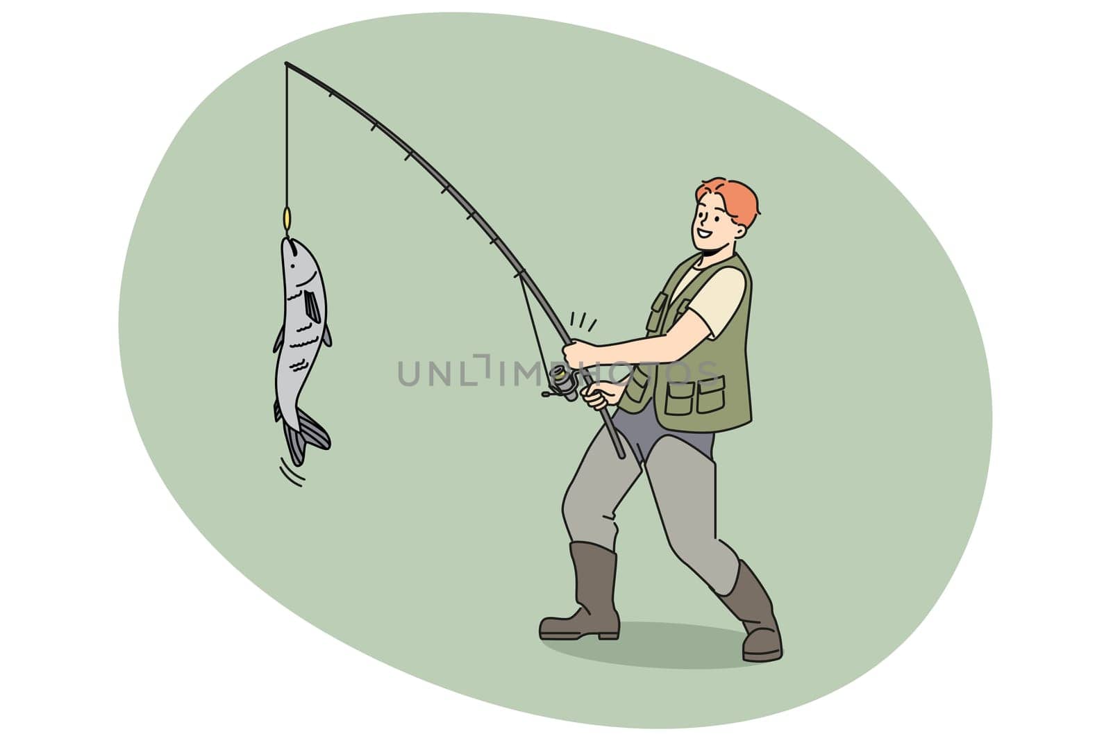 Smiling fisherman in uniform catching fish on rod. Happy male fisher in khaki clothes fishing on summertime. Hobby and leisure. Vector illustration.