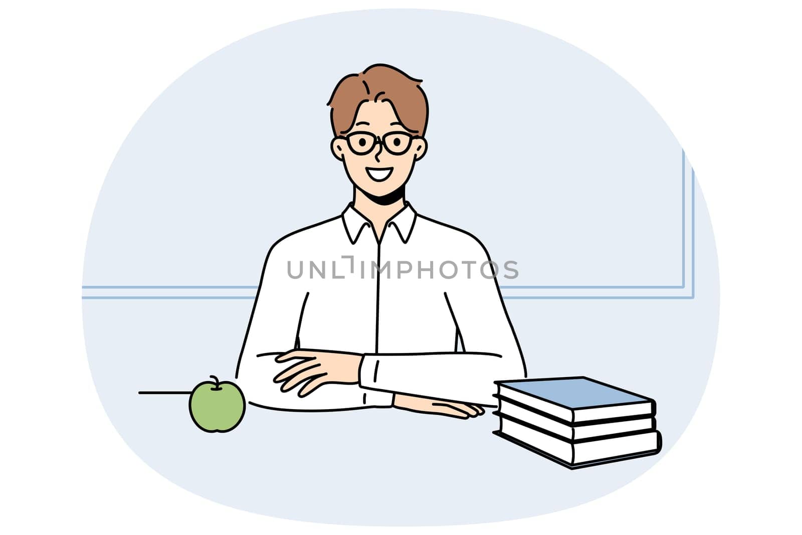 Male student in glasses sit at desk with books. Smiling man with textbooks on table in university or college. Education and wisdom. Vector illustration.