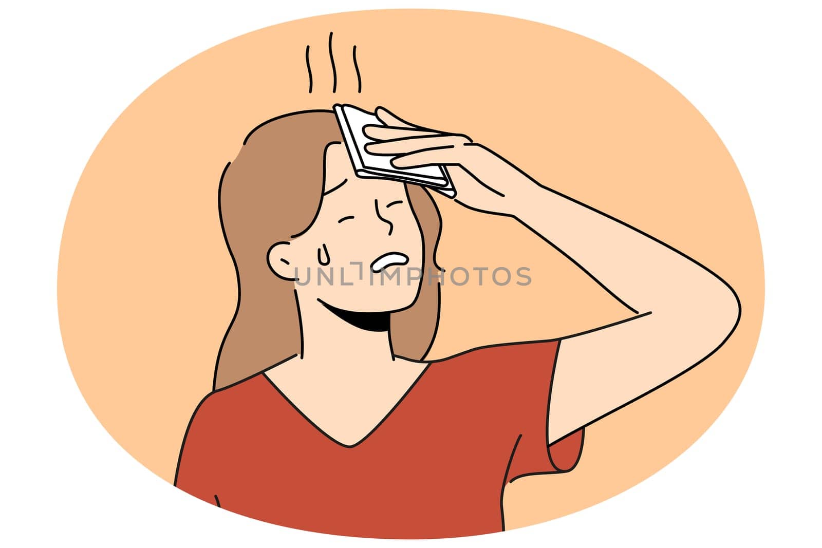 Unhealthy woman feel overheated suffer from hot weather on summer street. Unwell female struggle with heatstroke and dizziness. Vector illustration.