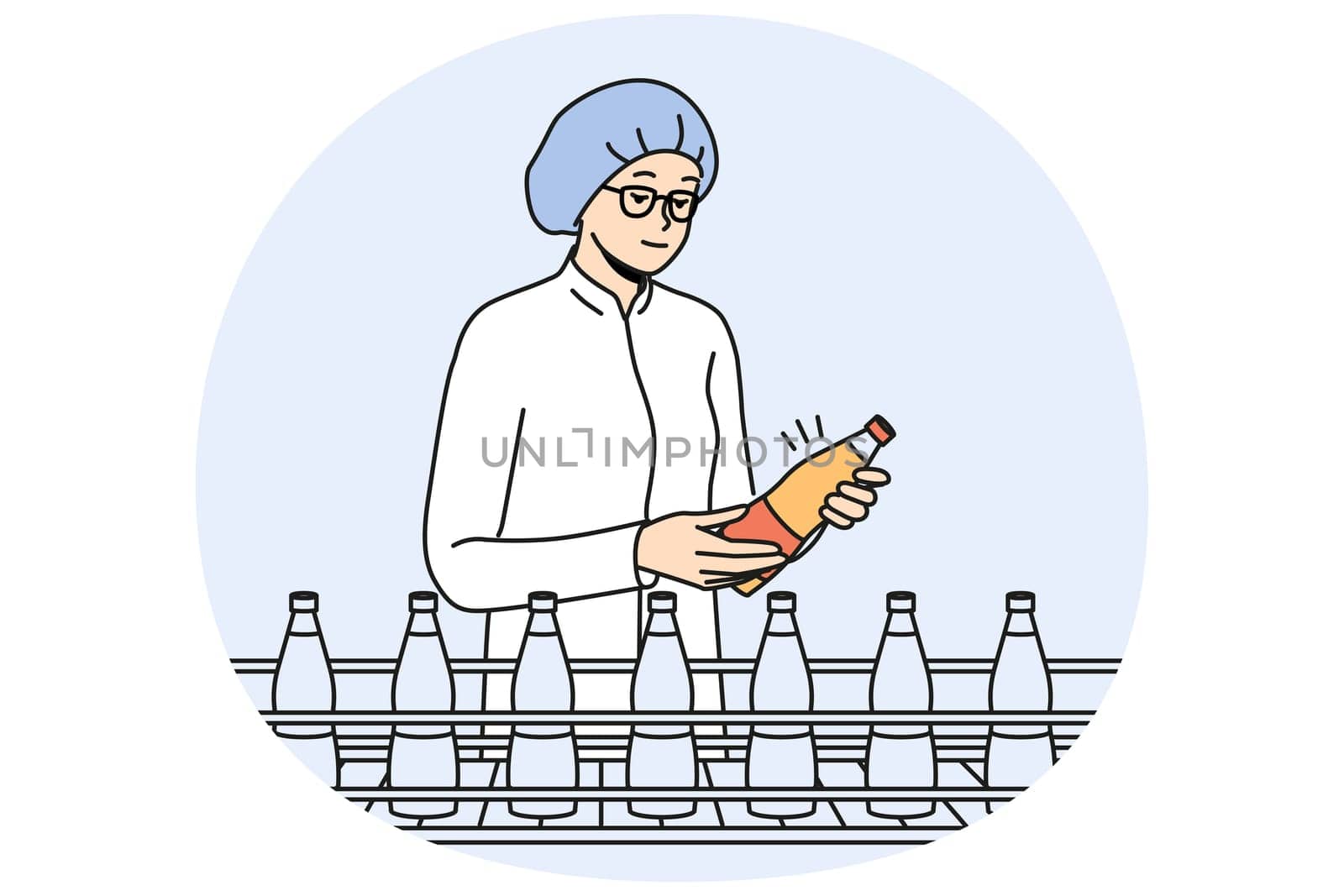 Female worker in uniform and headwear checking bottles on production line on factory. Woman employee control juice or milk quality at plant. Vector illustration.