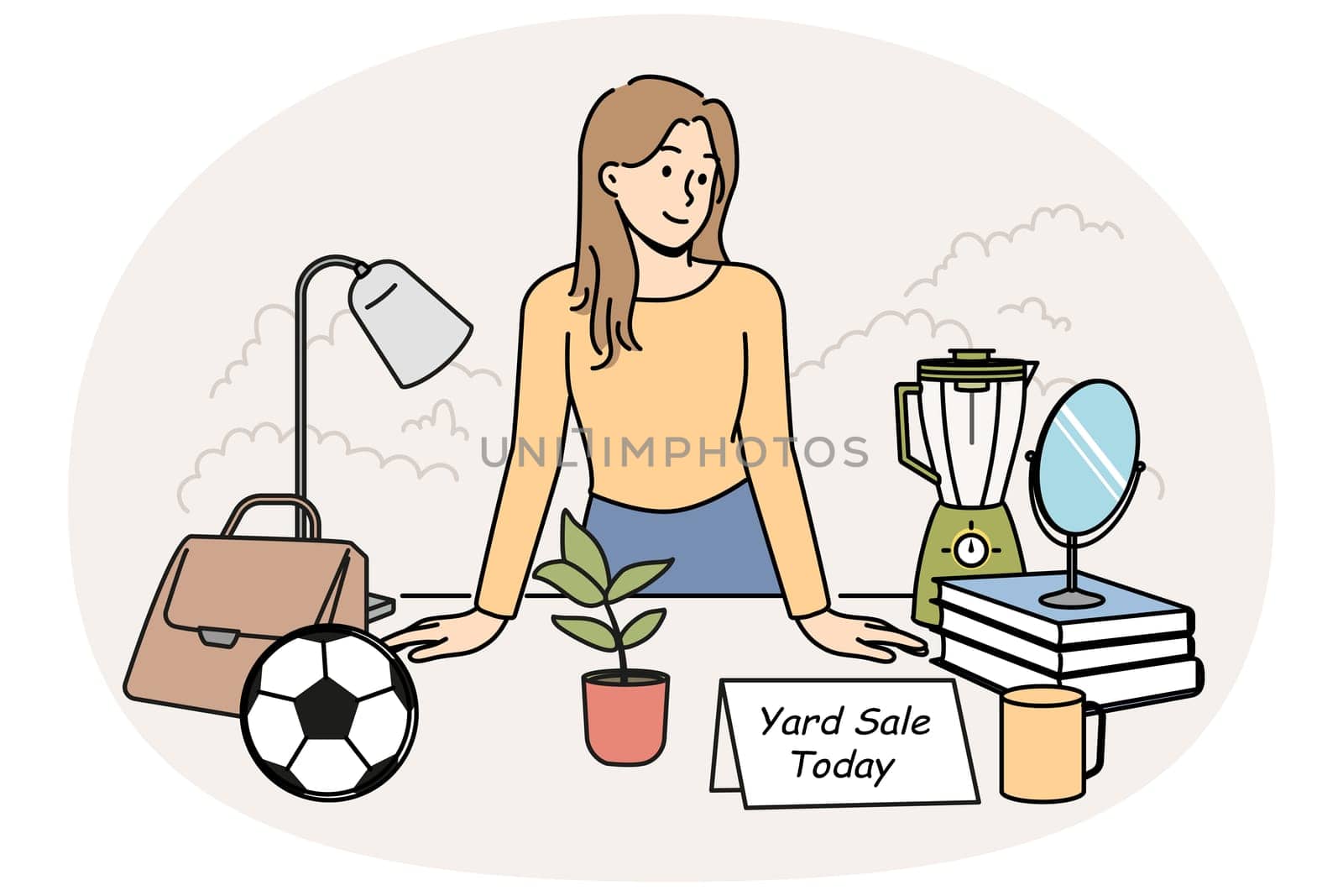 Smiling woman standing at desk selling goods on yard sale. Happy female offer things on backyard sale. Vector illustration.