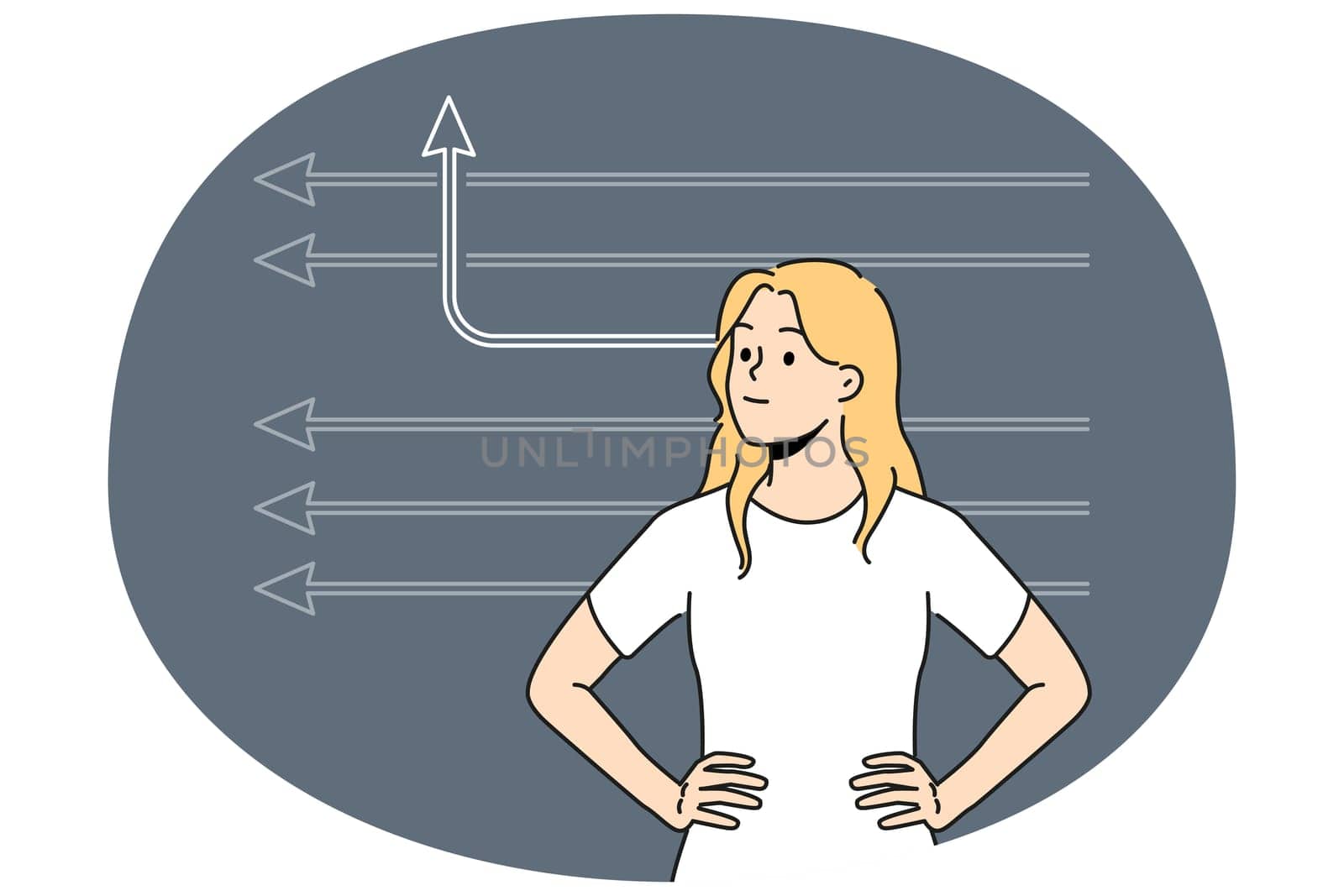 Determined female employee with numerous arrows think of creative ideas. Woman with one arrow changing direction. Creative thinking. Vector illustration.