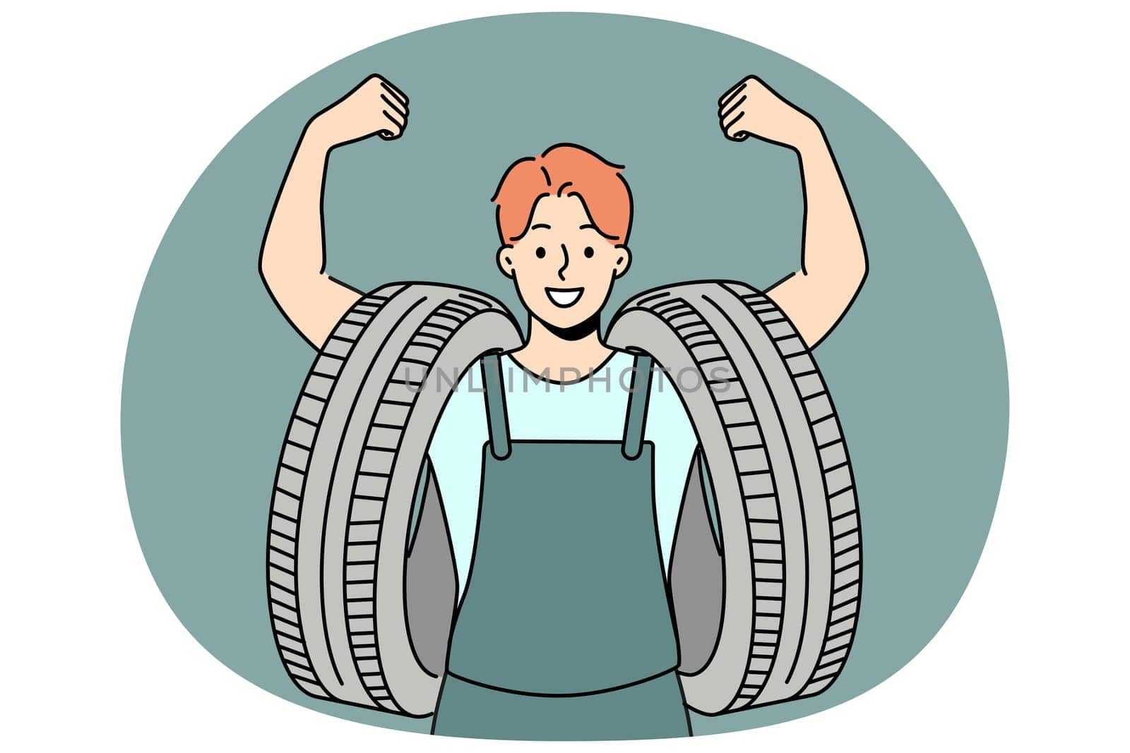 Smiling strong man with tires on arms. Happy male client of auto service make wheels choice. Automotive company. Vector illustration.