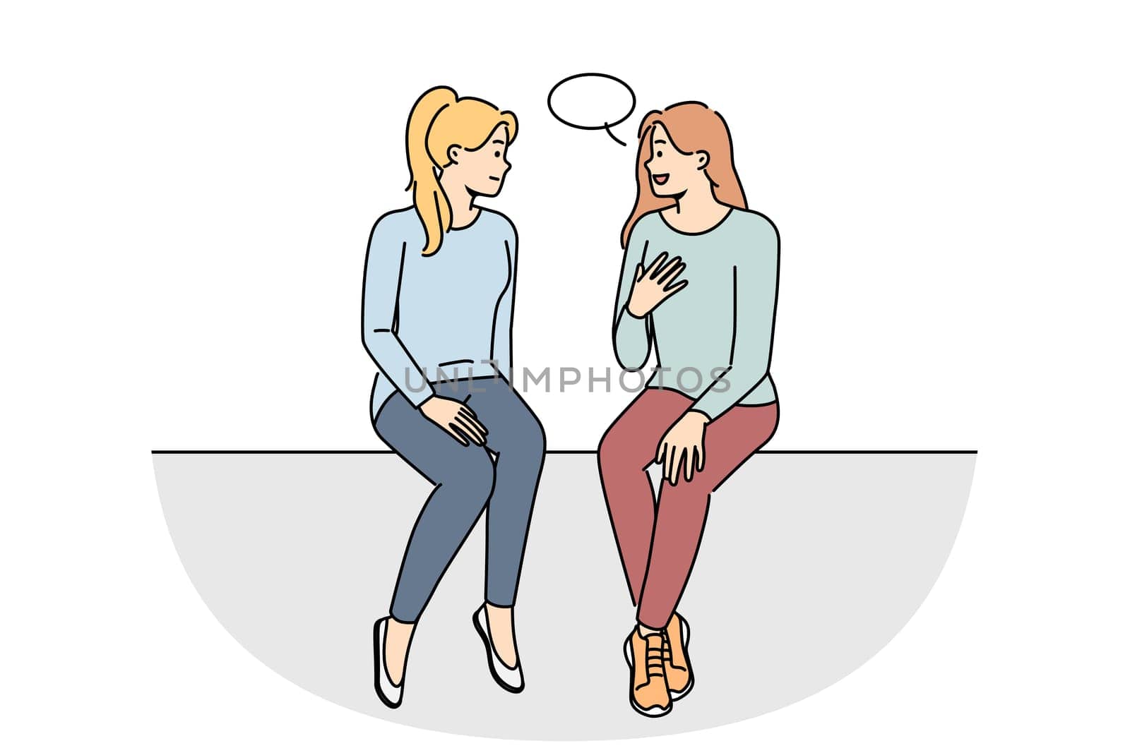 Happy girls sitting talking with speech bubble above head. Smiling women have conversation engaged in interesting discussion. Communication. Vector illustration.