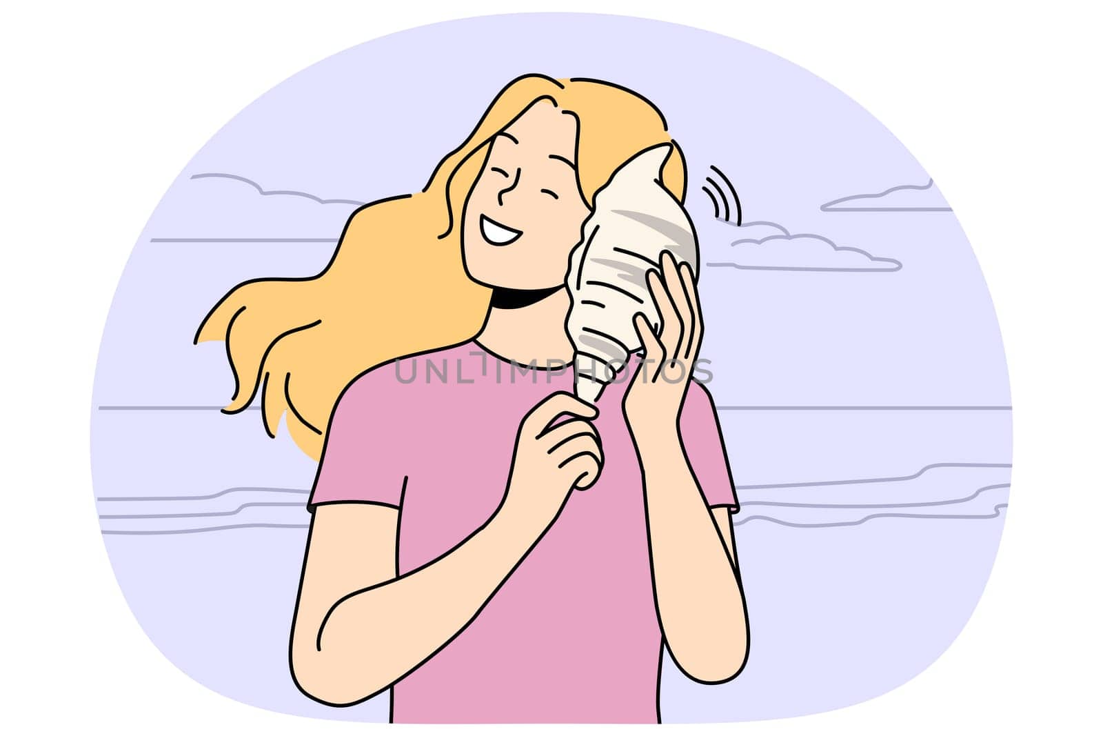 Happy woman with seashell on beach on summer vacations. Smiling girl with shell enjoy summertime on seashore. Vector illustration.