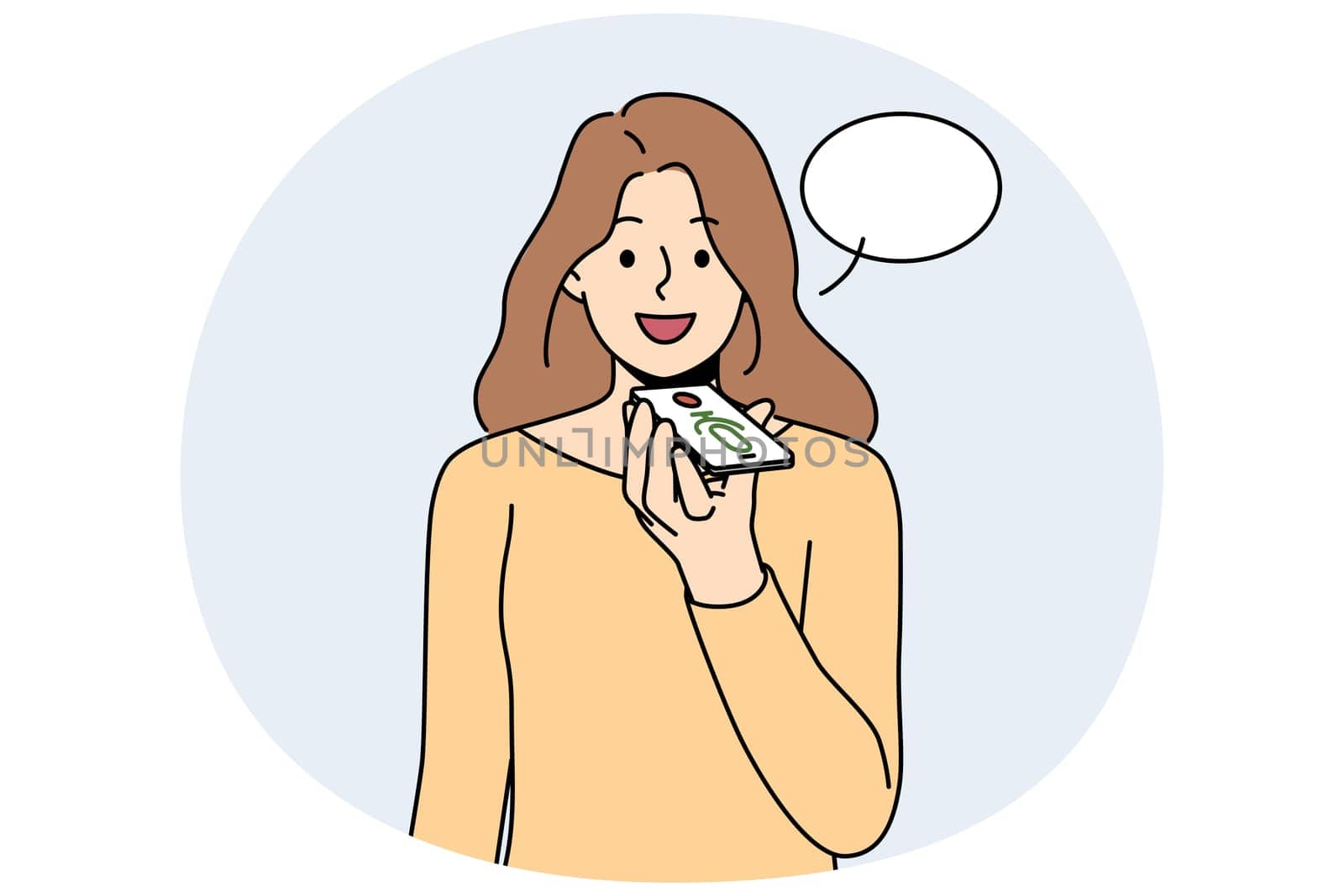 Smiling woman record voice message on cellphone. Happy female talk with digital audio assistant on smartphone. Technology and recording. Vector illustration.