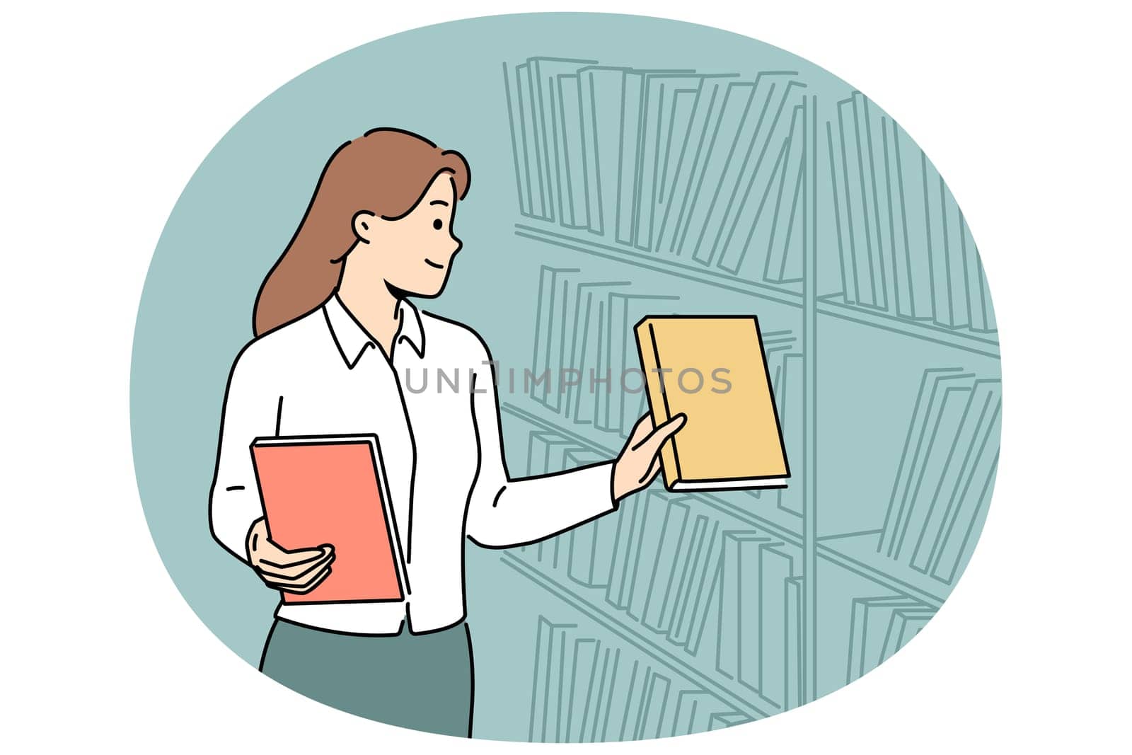 Female librarian put books on bookshelves. Woman working in library. Occupation and profession. Vector illustration.