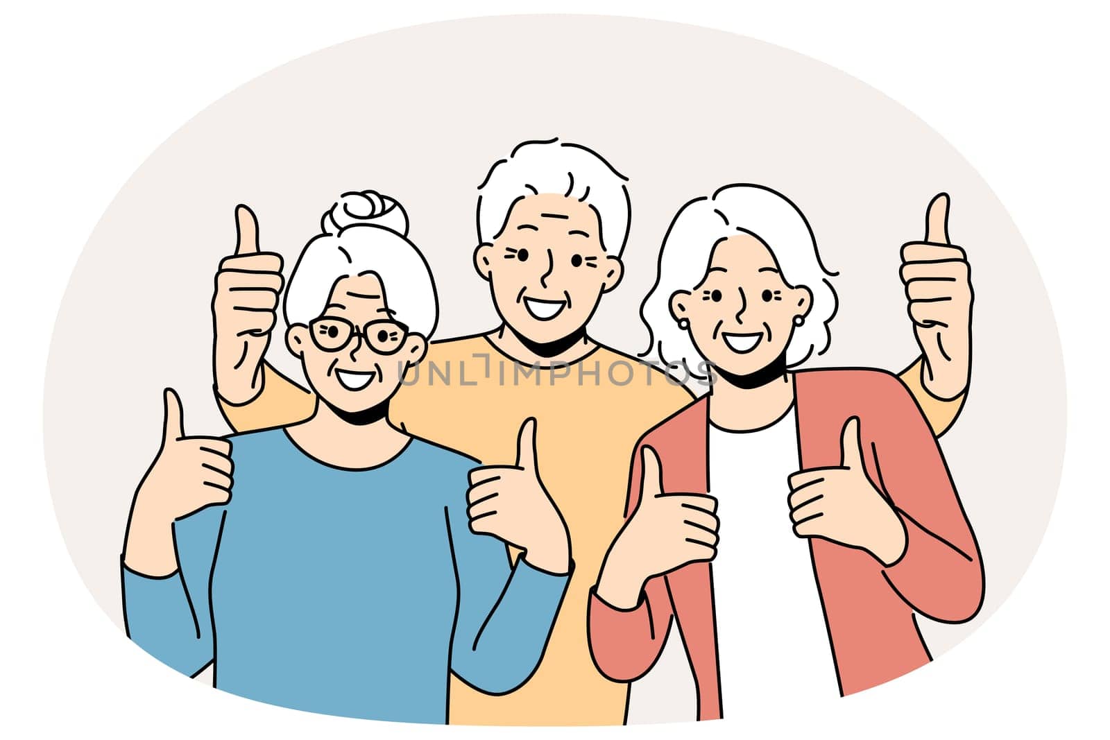Overjoyed elderly people showing thumbs up enjoying maturity. Smiling old grandparents feeling optimistic and positive. Vector illustration.