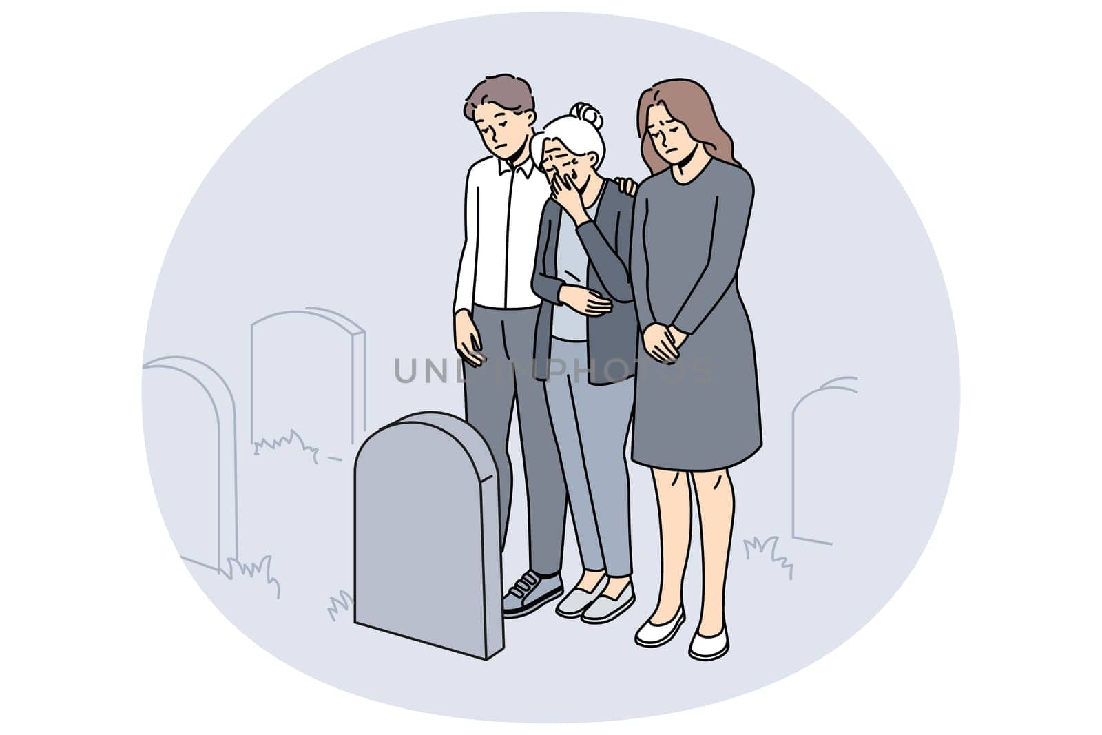 Unhappy family in black clothes crying at relative grave on cemetery. Upset desperate people mourn yearn at tomb after deceased person. Burial. Vector illustration.