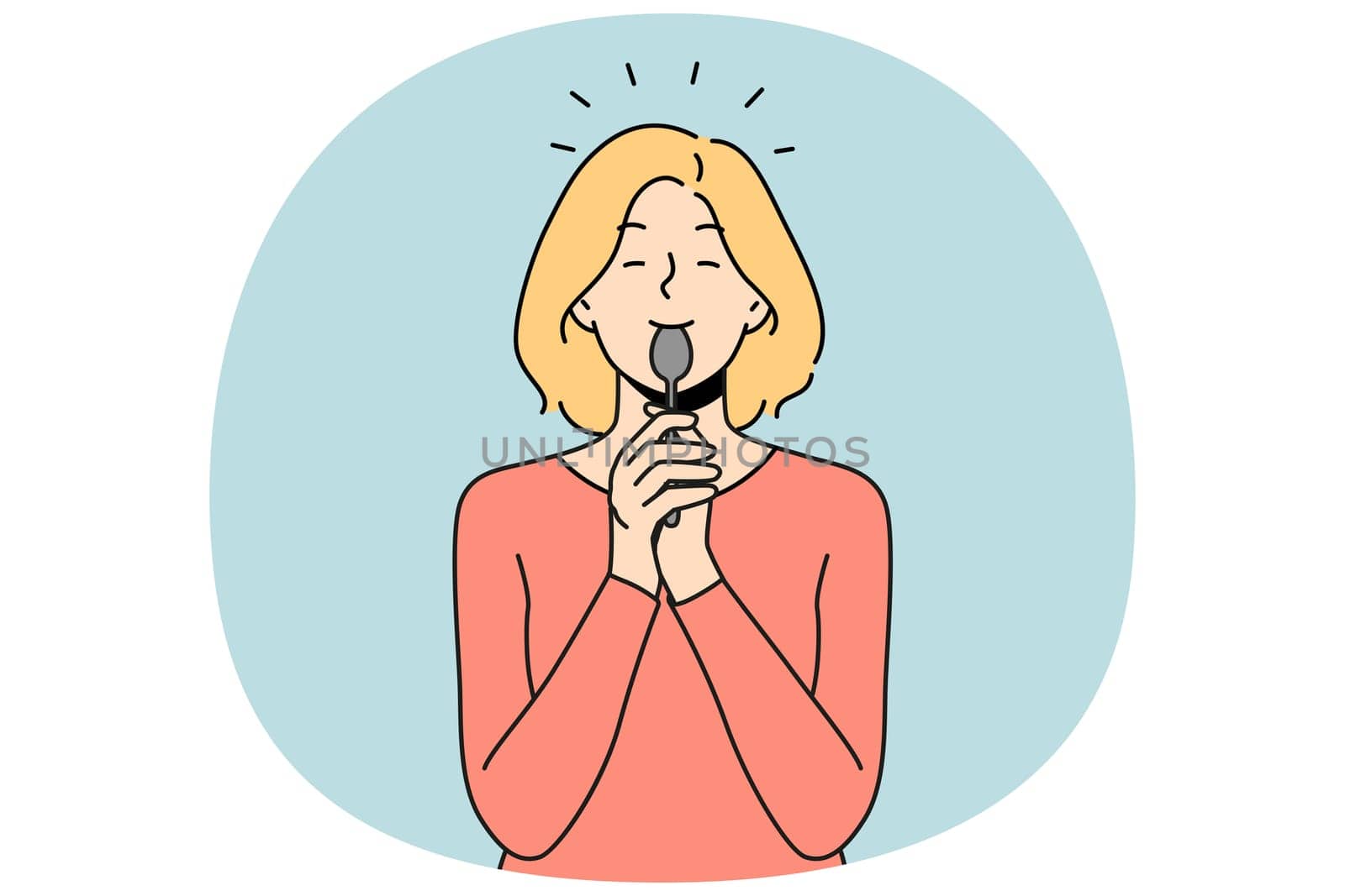 Smiling girl licking spoon after tasty food or dessert. Happy woman with cutlery after tasting or eating. Vector illustration.