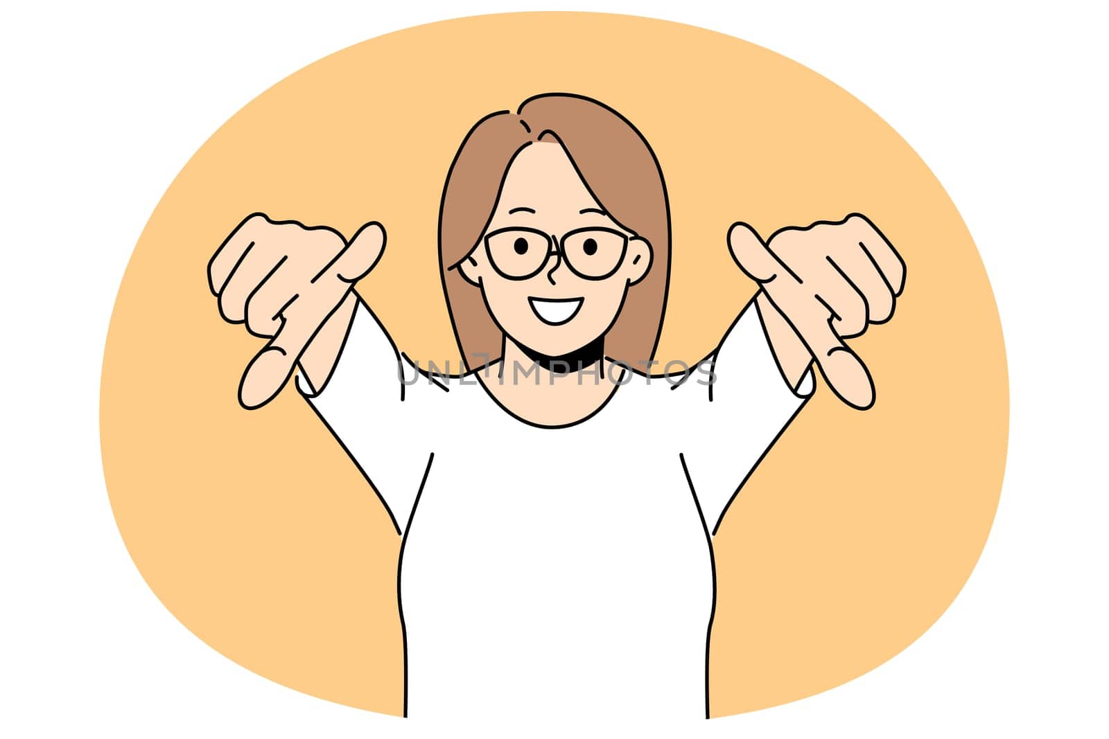 Smiling woman in glasses point at screen choosing person. Happy girl in eyewear show with fingers on camera make Choose you gesture. Vector illustration.