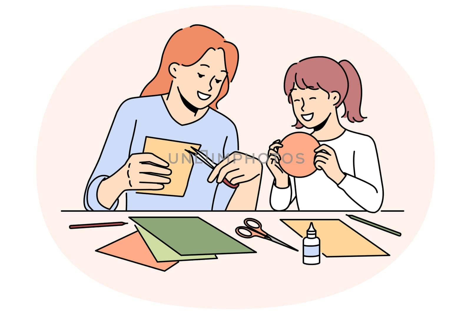 Smiling mother and daughter enjoy arts and crafts doing at home. Happy mom and child busy with paperwork and collages. Motherhood. Vector illustration.