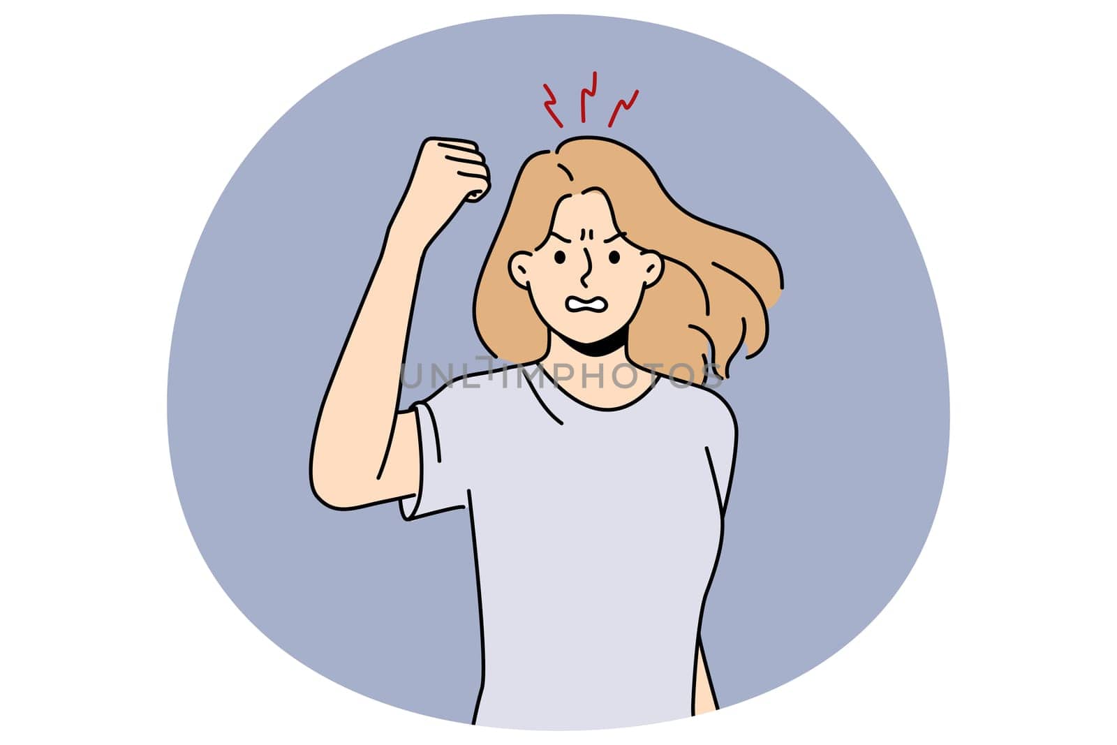 Angry woman showing fist feeling furious and enraged. Mad female showing emotions having bad unpleasant experience. Vector illustration.