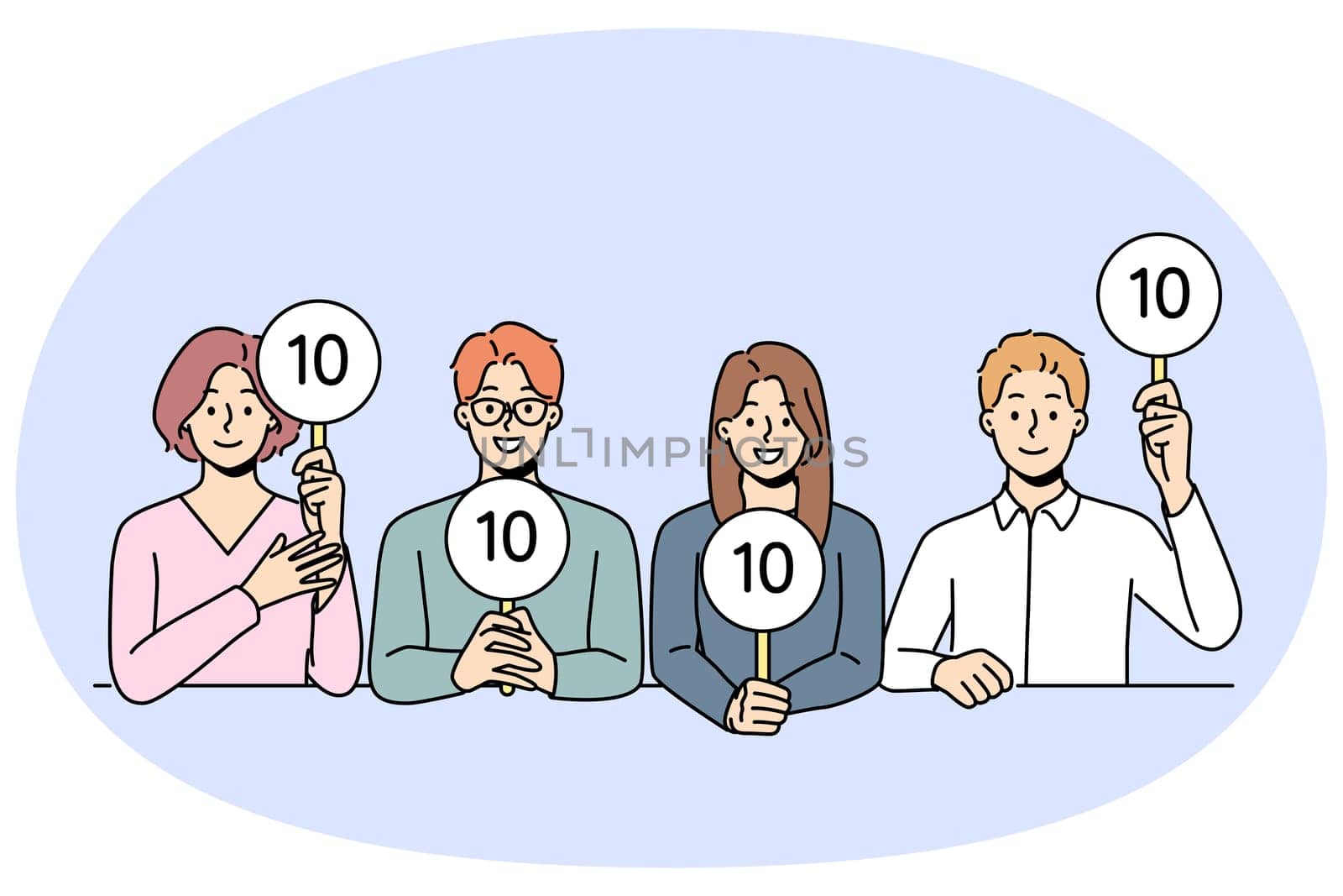 Diverse people sit at desk giving points to contestants. Smiling judges evaluate performance or competition. Vector illustration.