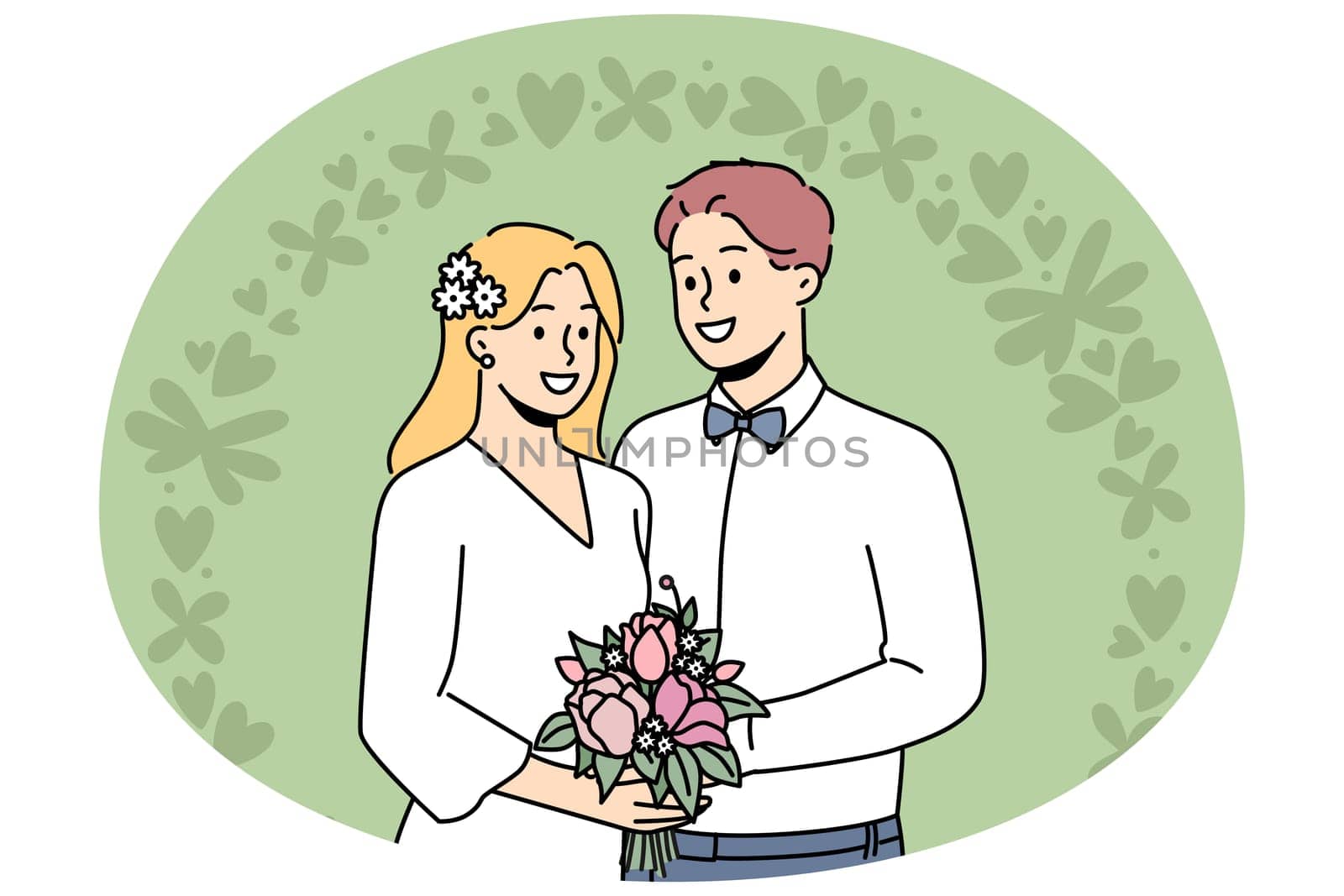 Smiling bride and groom standing near wedding floral arch during ceremony. Happy couple enjoy marriage celebration. Vector illustration.