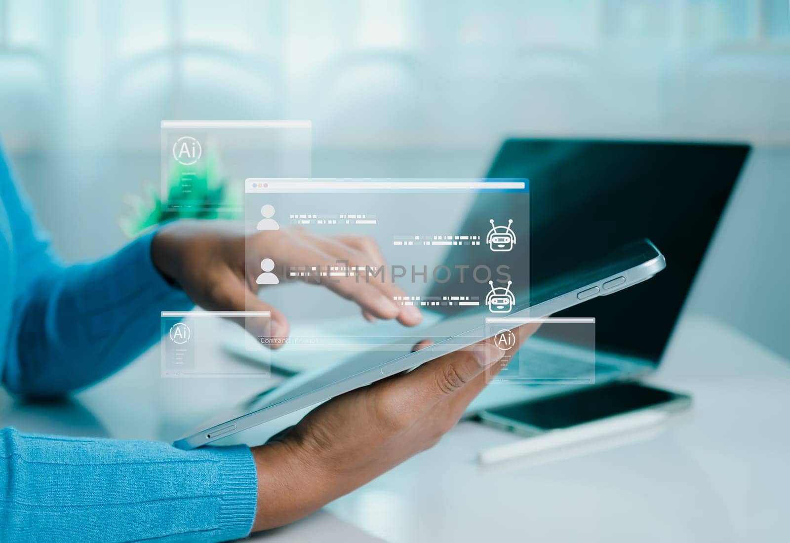 Human hand using tablet touching a virtual screen displaying questions and answers with artificial intelligence, Machine learning, AI technology, AI brain network in business analysis.