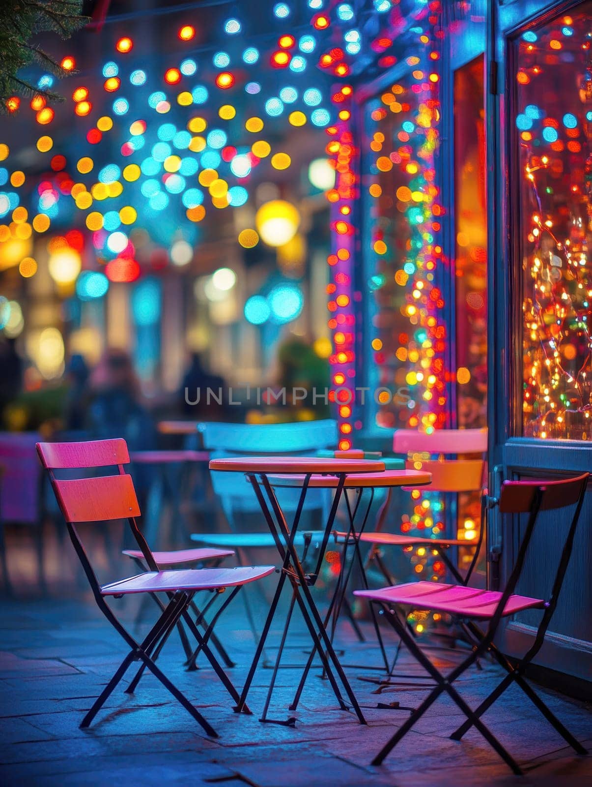 a bar counter with dim but colorful lights. AI generative.
