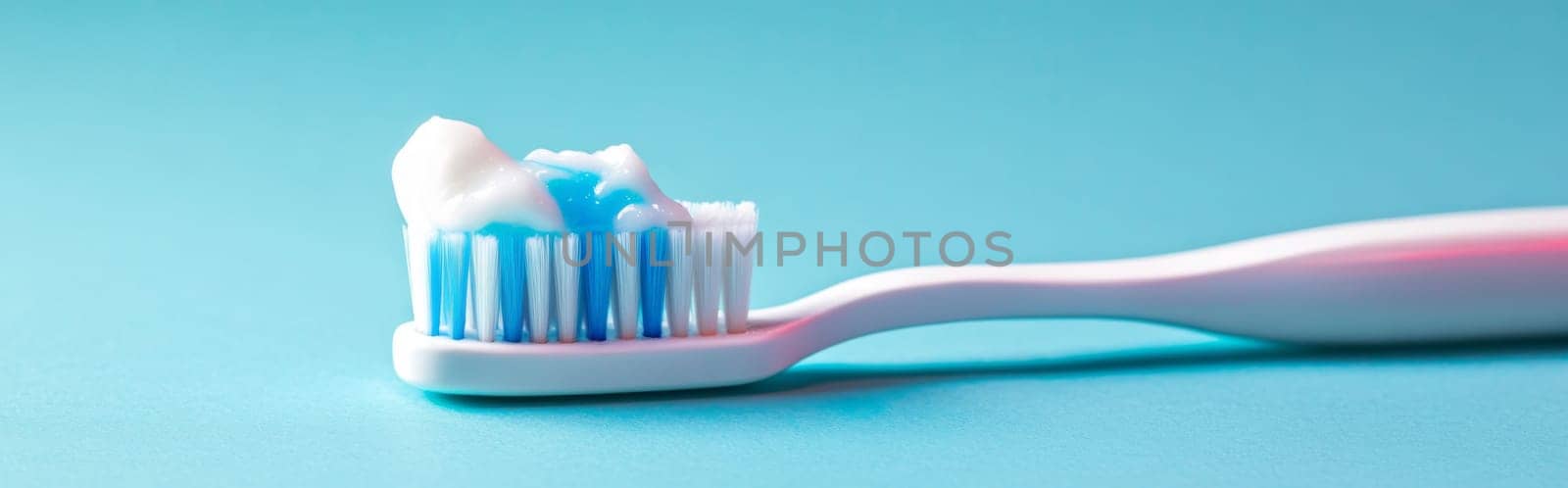 Toothbrush with toothpaste against solid color minimalist background with copy space, AI Generated