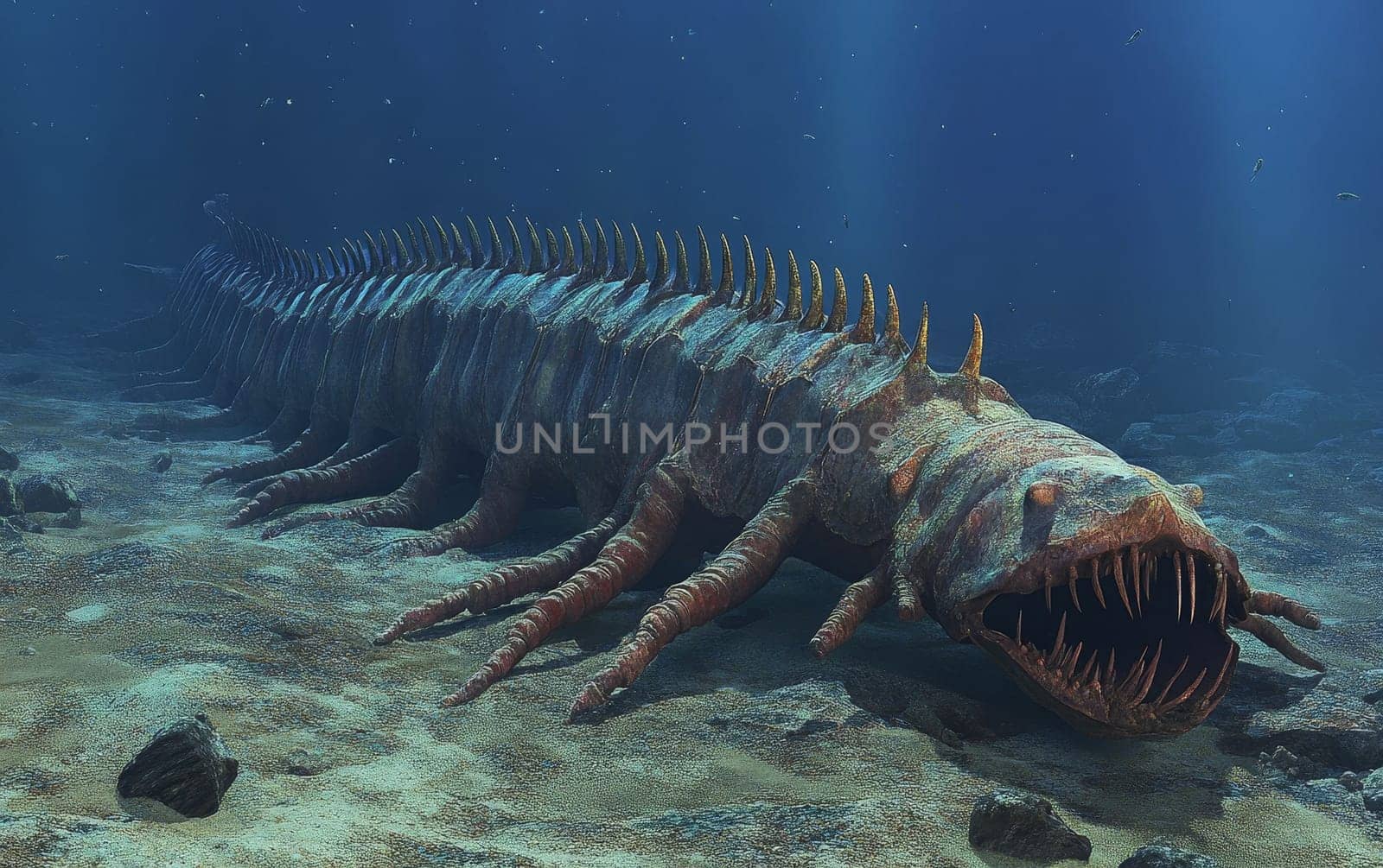 An imposing, primeval Aegirocassis creature moves across the ocean floor, its armored shell and fearsome claws a testament to the wonders of evolution.