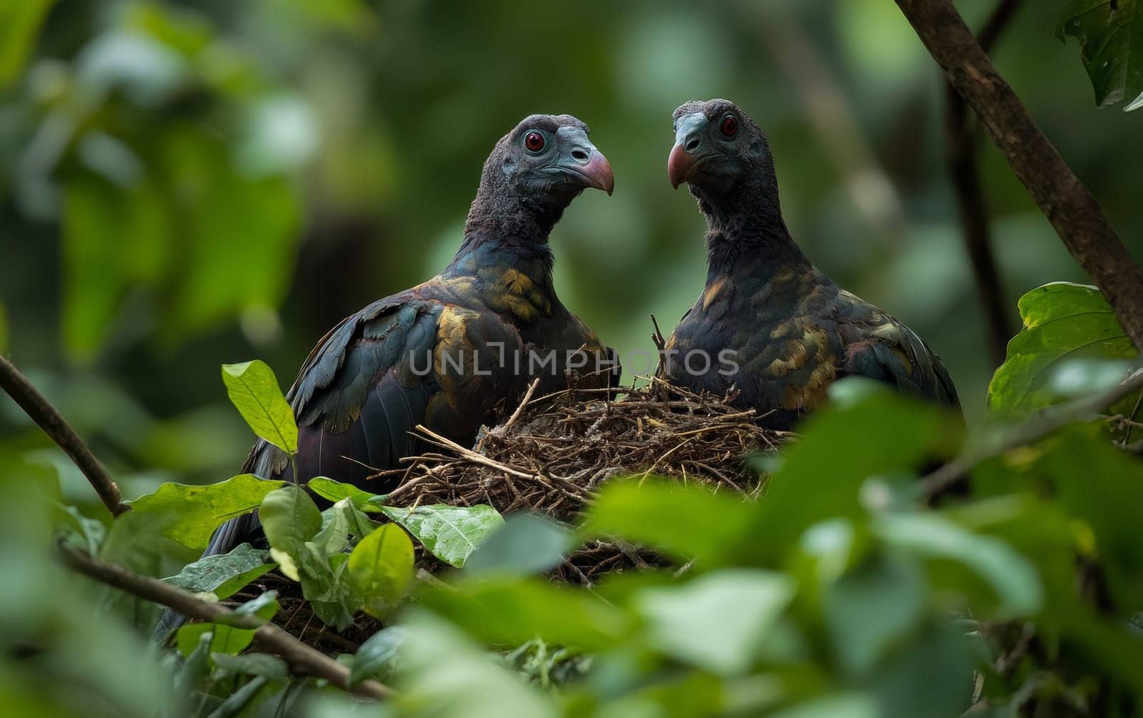 A pair of rare, exotic birds with vibrant plumage perch on their nest in a lush tropical forest, showcasing their unique features and natural habitat.