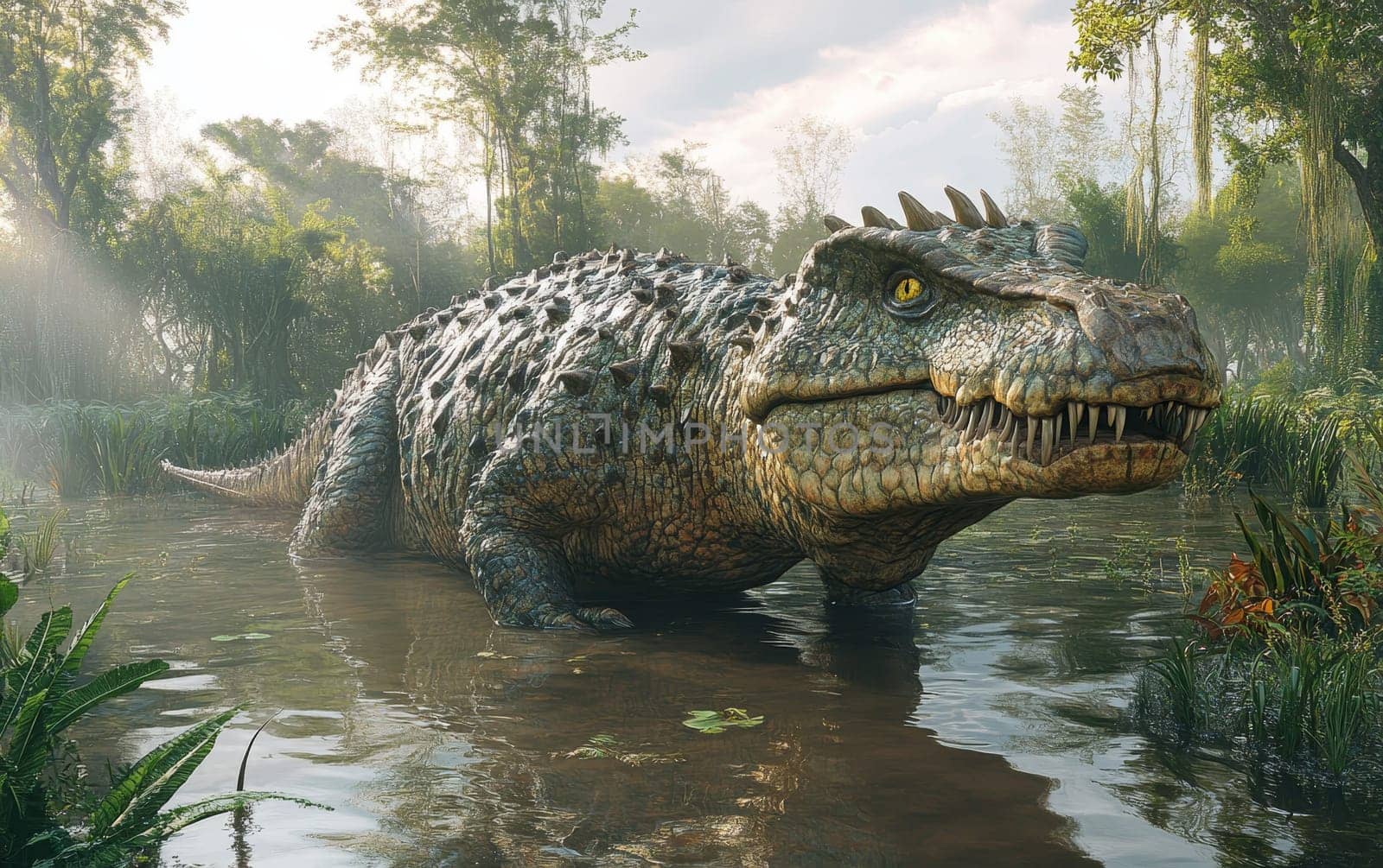 A massive, ancient Estemmenosuchus, a large therapsid reptile, emerges from the dark, lush vegetation of a primeval jungle, its imposing presence commanding the scene.