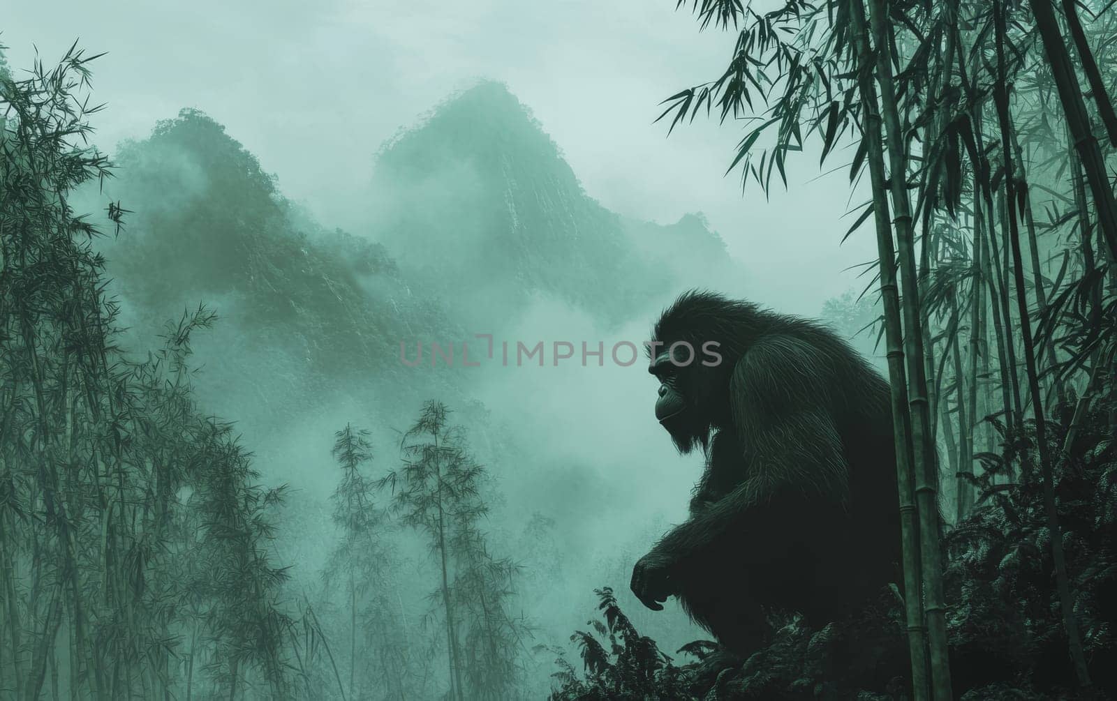 A powerful and imposing Gigantopithecus stands resolute in the shrouded, ethereal landscape of the lush, primeval jungle.