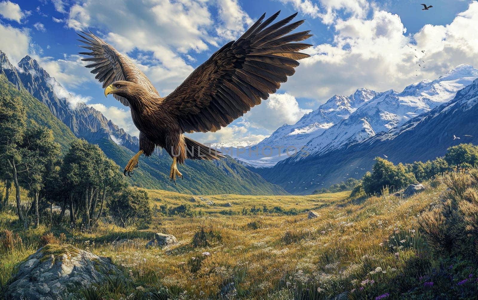 A magnificent Haast's eagle soars majestically over a rugged alpine landscape, its massive wings spread wide against the dramatic, cloud-filled sky.