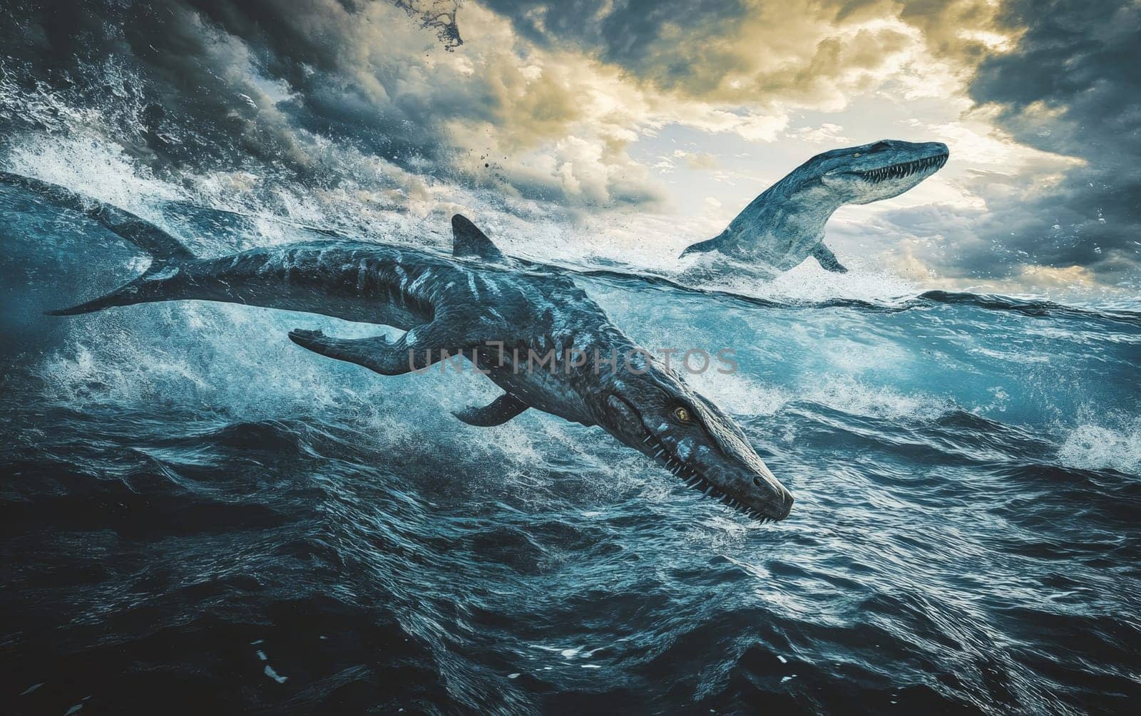 A massive Kronosaurus predator surges through the churning, storm-tossed waves, its immense jaws open wide as it pursues its unsuspecting prey.
