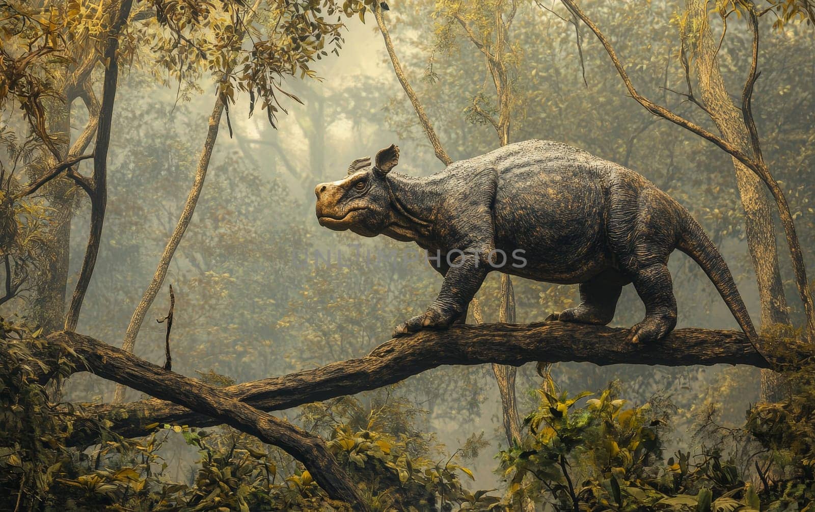 A colossal Indricotherium, one of the largest land mammals to have ever existed, gracefully navigates the dense, verdant foliage of a primeval forest, its massive form a testament to the grand scale.