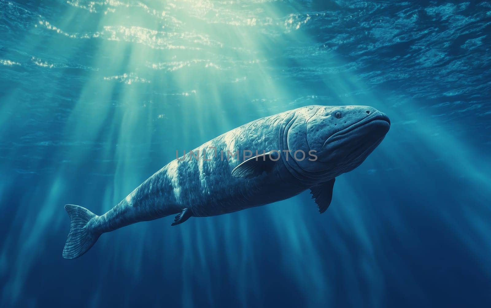 A massive, prehistoric Leedsichthys fish glides gracefully through the sunlit, azure waters, its immense size and ancient presence commanding the deep sea environment.