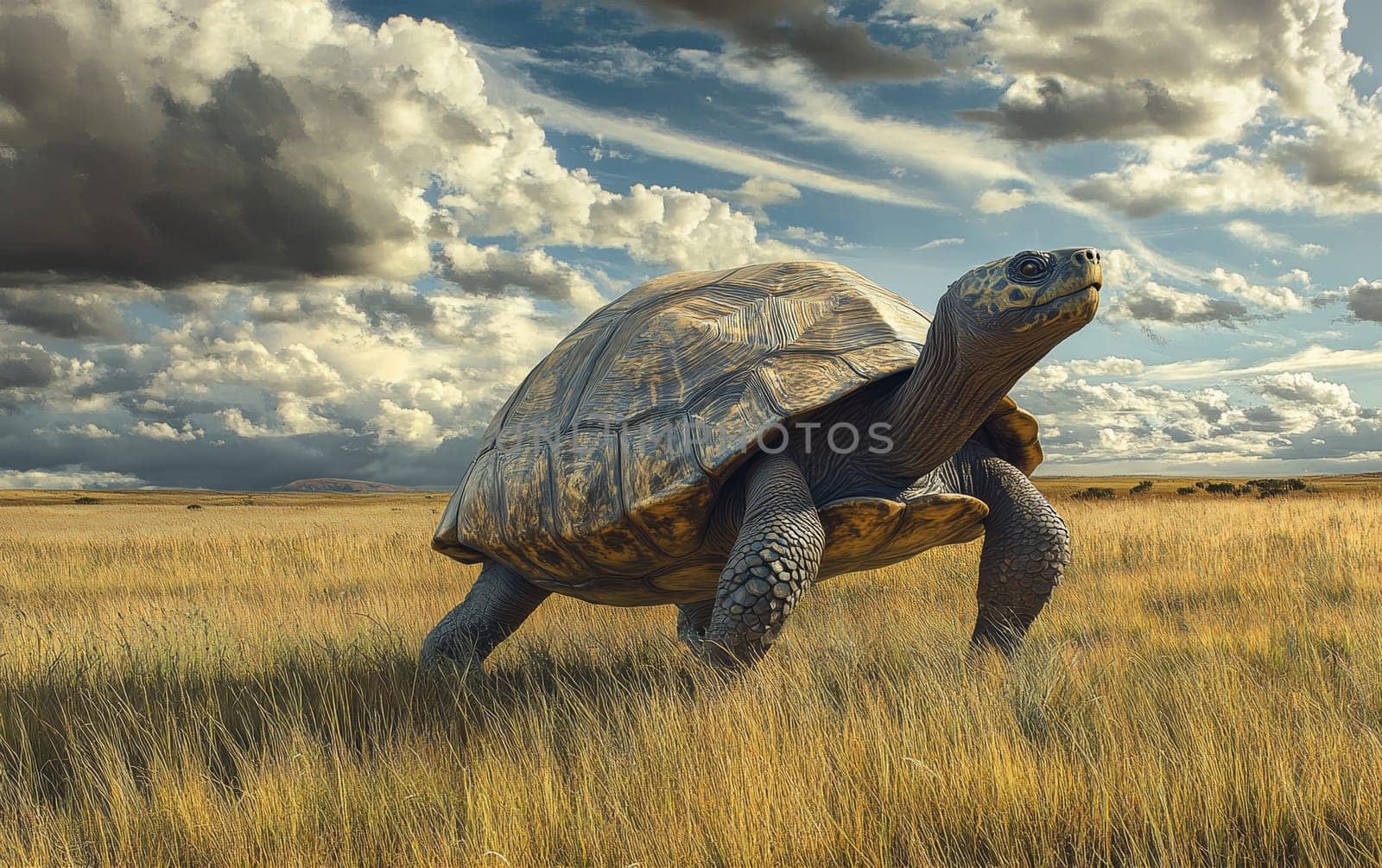 A towering Meiolania turtle stands vigilant amidst the misty, golden grasslands, its piercing gaze scanning the horizon for any sign of threat or potential prey.