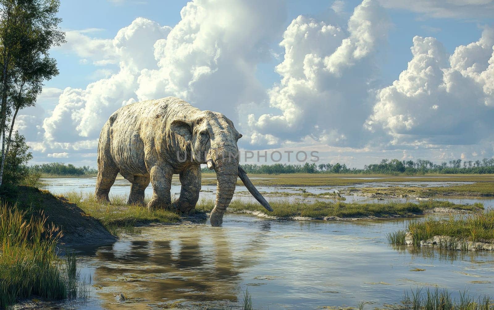 A massive prehistoric Gomphotherium wades through a tranquil marshland, its powerful form reflected in the still waters against a dramatic cloudy sky.