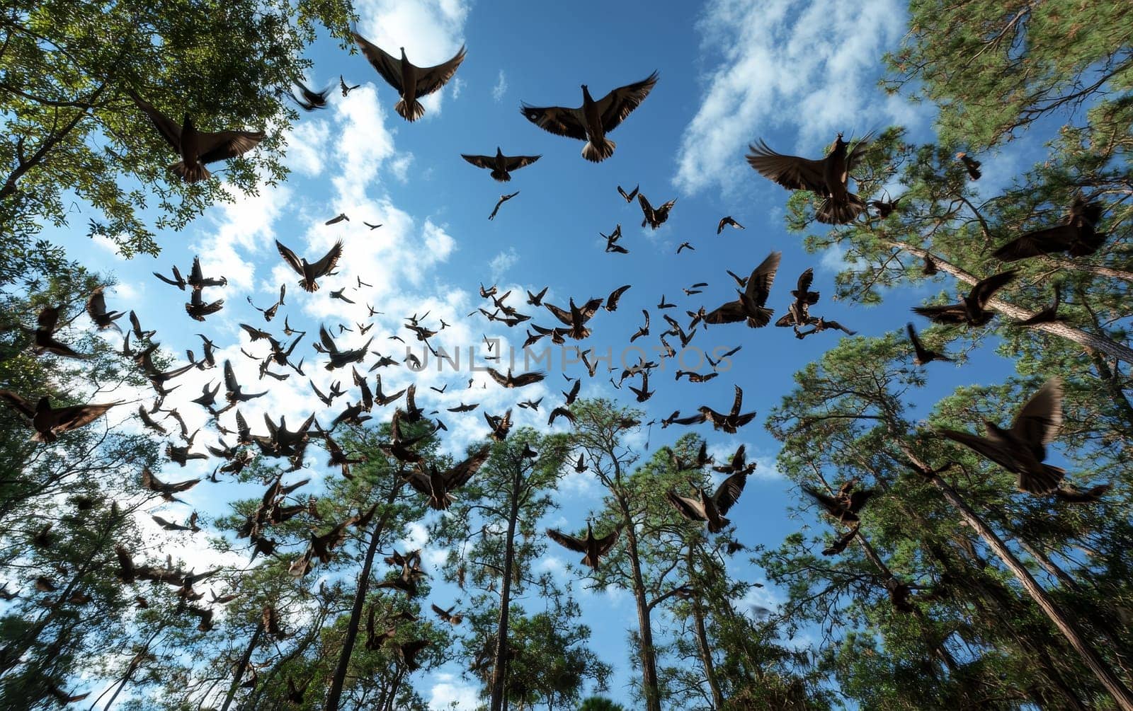 Vibrant scene of birds taking flight through a sunlit forest canopy, showcasing the dynamic energy of nature and wildlife.