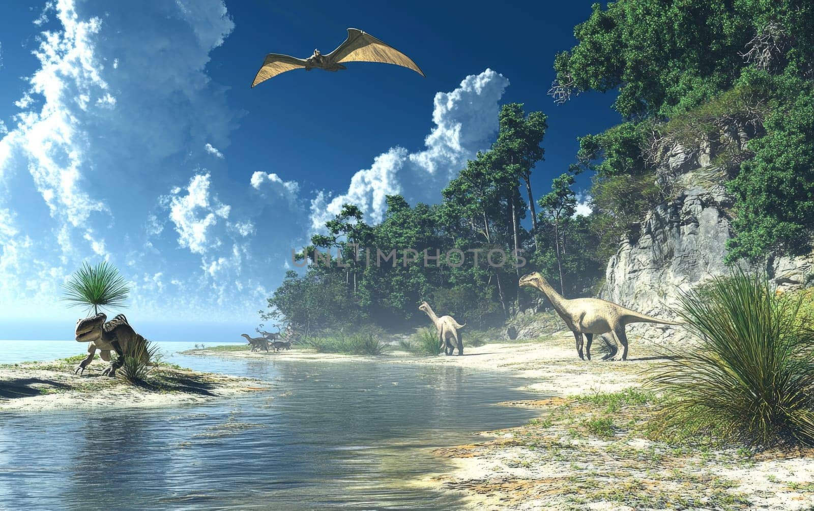 Ancient coastal landscape with various dinosaur species, including flying reptiles and long-necked herbivores, amid lush vegetation and crystal-clear waters.